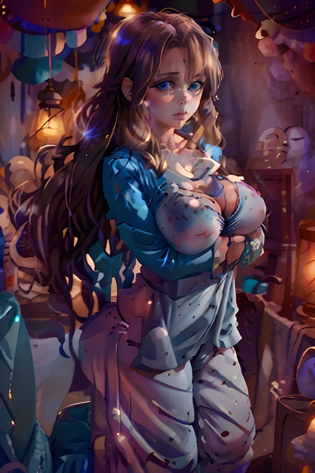 Beautiful 42 year old woman, long  dark blonde hair, C-cup breasts, soft blue eyes, wearing cute pajamas, thinking about her upcoming 43rd birthday