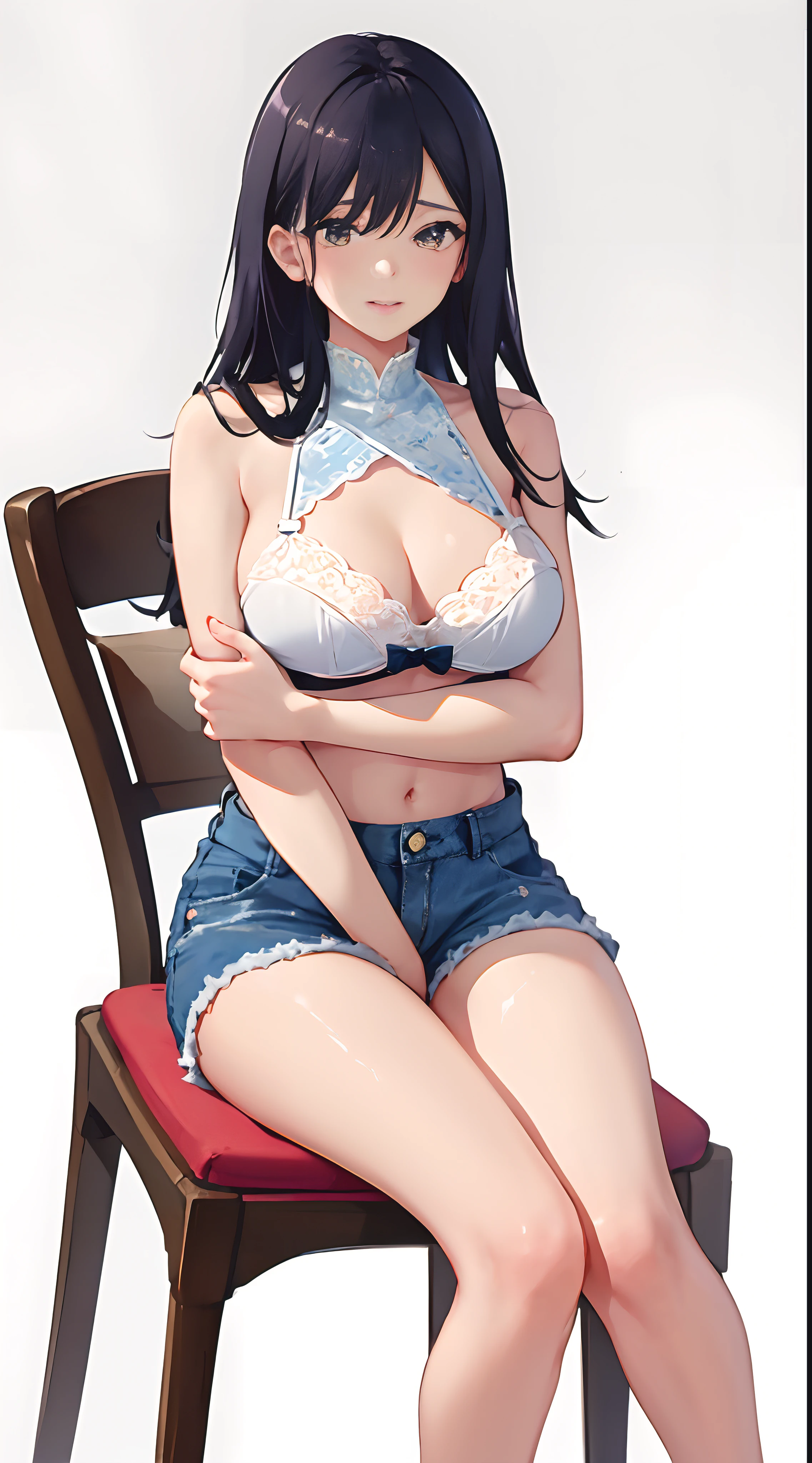 4k高清,1girll, 独奏, She wears white lace lingerie,Wear blue denim shorts,Exposing thighs,sit on chair,The breasts are particularly large,Perfect hands,Body sweating,Long black hair