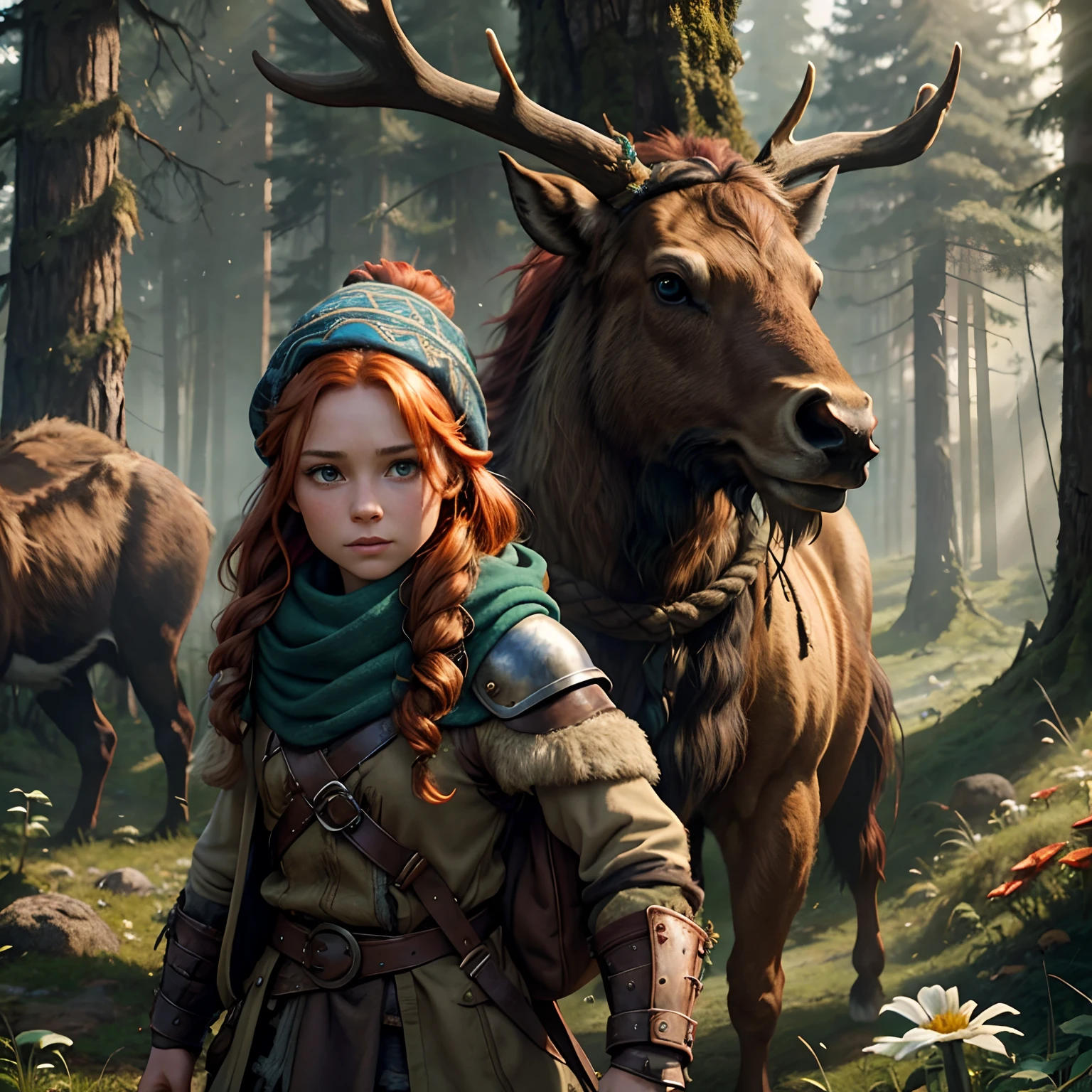 Dense Forest, forest hut, Sky, Field, 1girl, 1 animal next to it, Dwarf, small, little, druid, brown coat , short legs, bandage, flowers in the hair, mossy hair, eyes visible through hair, facial drawings, mushrooms, , mossy hat, long red hair, ginger, green eyes, brown blond hair, farbite hair, armor, blue scarf, scarf, scarf, scarf long hair, hooded scarf, brown clothes, leather armor, nostrils, backpack, big Elk in background, giant, large ELk, Elk as companion, raindeer, bison, giant antlers, large antlers
