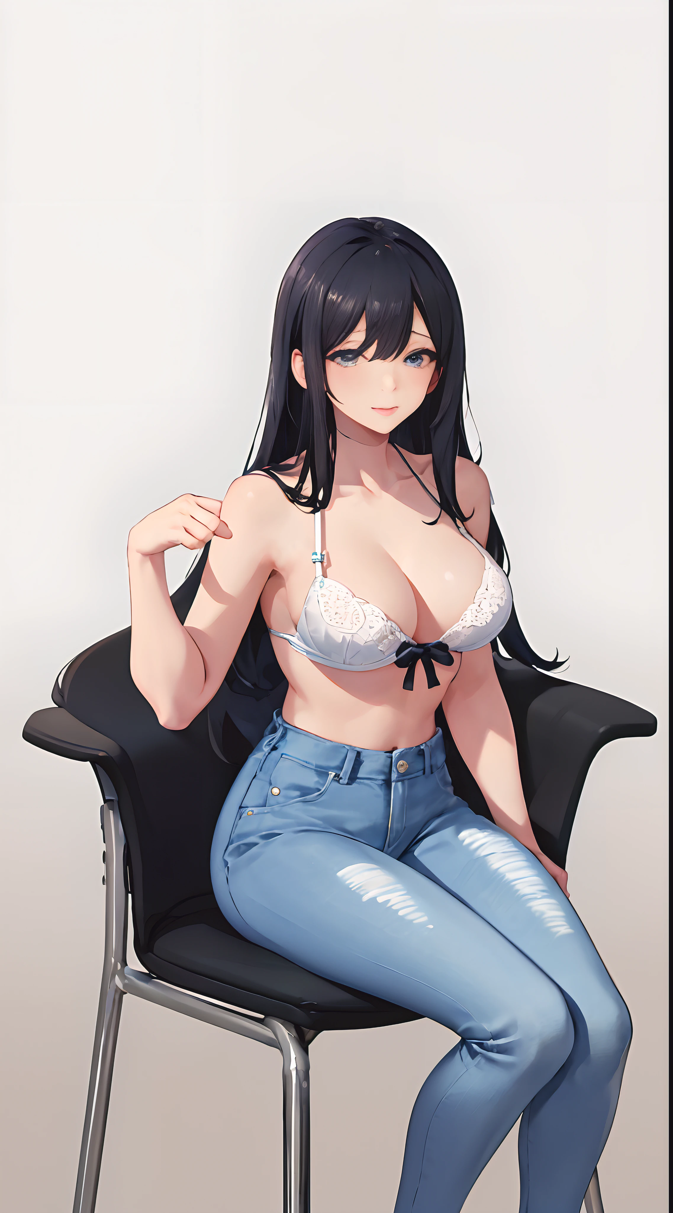 4k高清,1girll, 独奏, She wears white lace lingerie,Wear blue denim shorts,Exposing thighs,sit on chair,The breasts are particularly large,Perfect hands,Body sweating,Long black hair