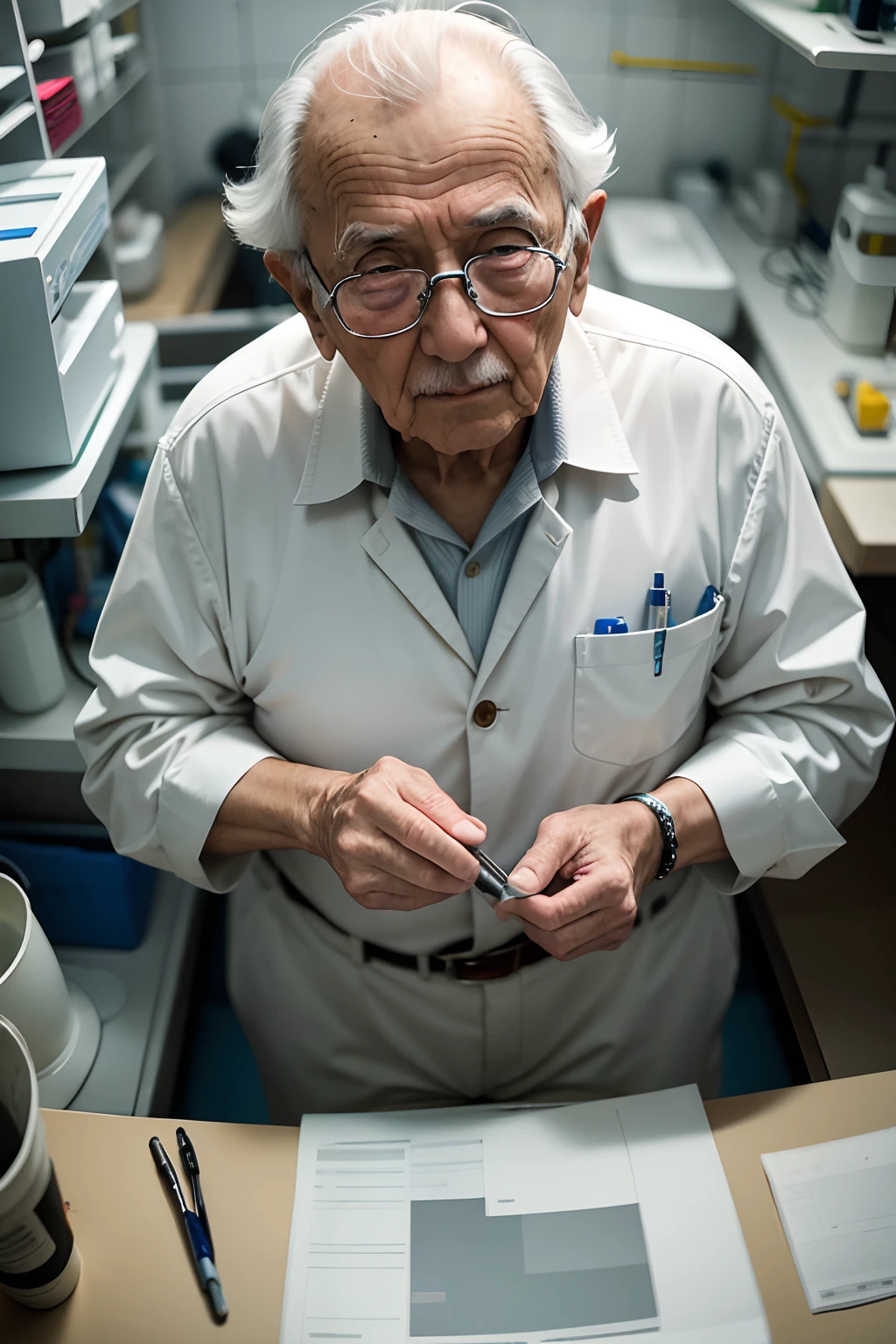 75-year-old grandfather、Investigador con bata blanca、apariencia々Escena de un laboratorio con equipos、Small, short figure、