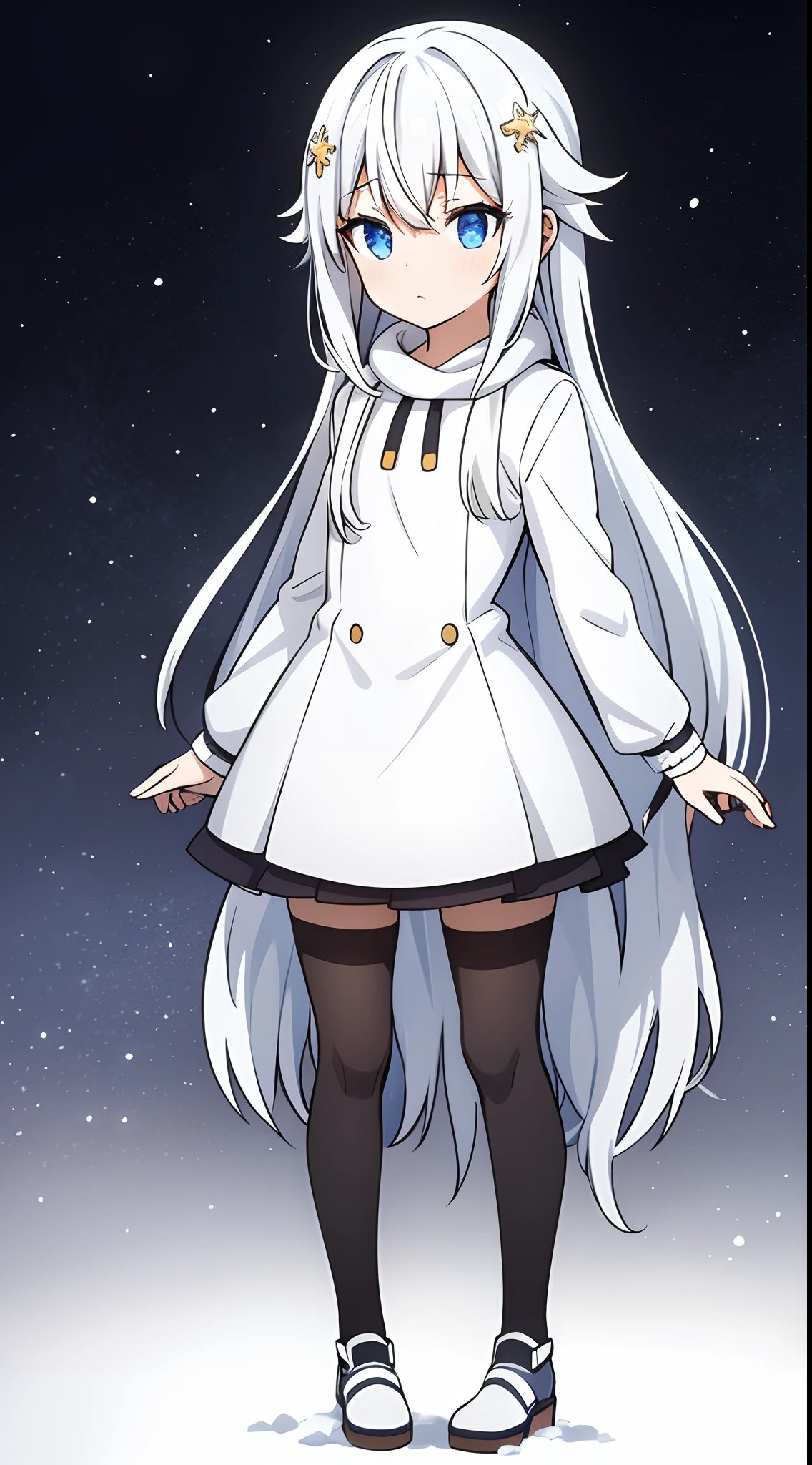 straight-on,full body,white background,standing,a girl,whaite hair, hair between eyes, hair over shoulder, snowflake hair ornament, Minimalism, best quality, highres,(long_hair)