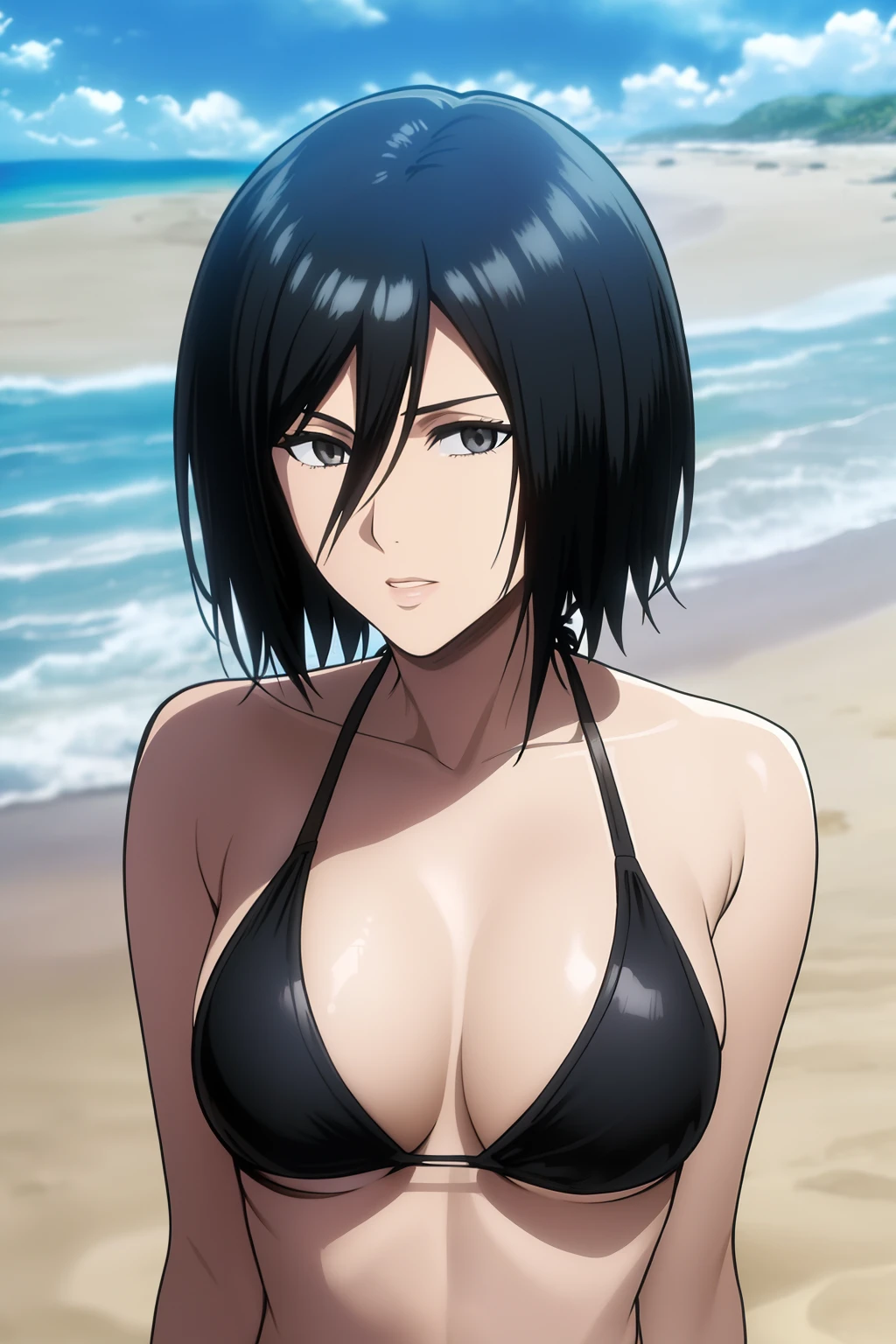 1girl in, Mikasa Ackerman, (Black hair:1.3), Hair between the eyes, Short hair, Gray eyes, Gentle lips, Undersized breasts, wide hips, turned around, masterpiece, Best Quality, at a beach,、(((black bikini)))