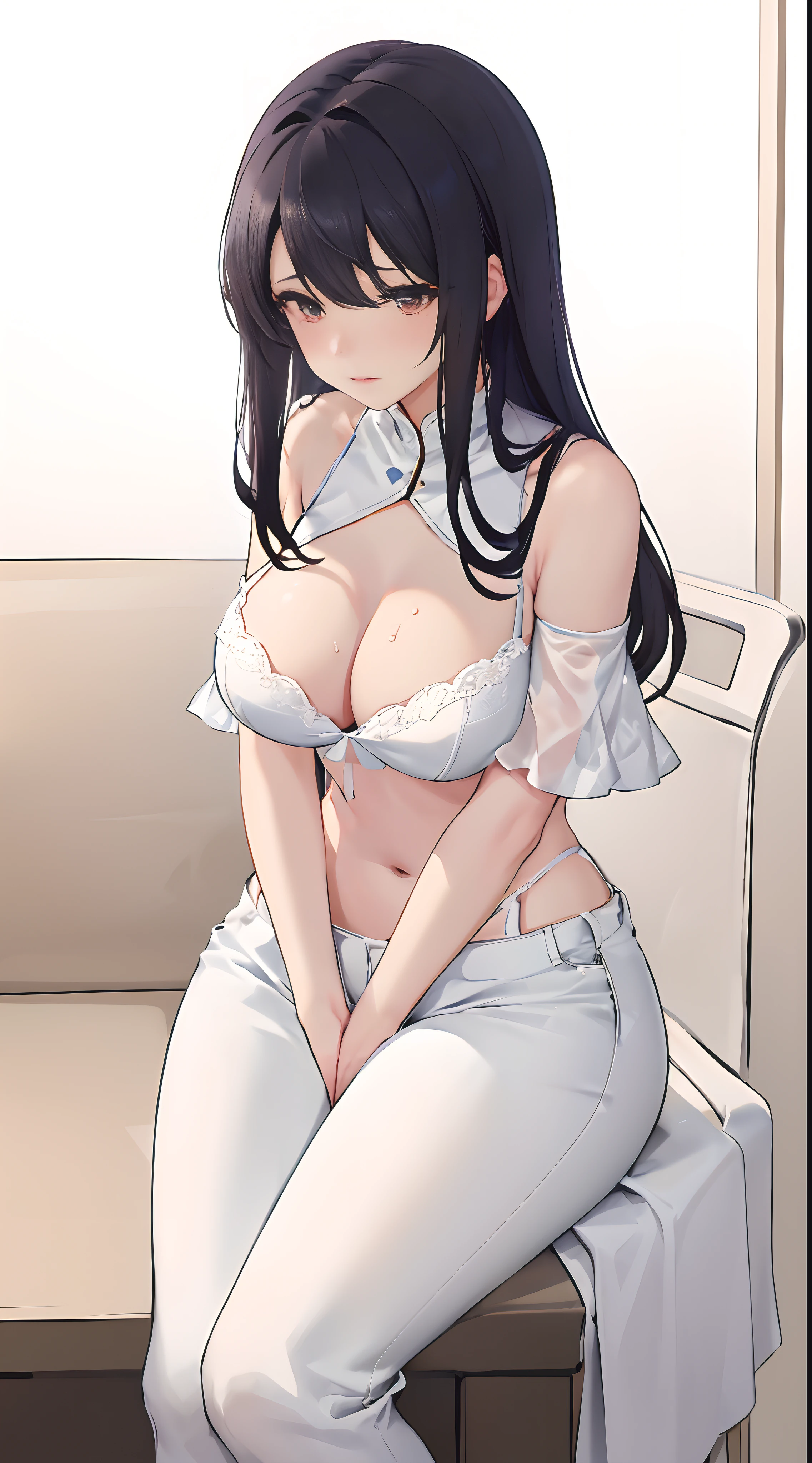 4k高清，1girll, 独奏, She wears white lace lingerie，wearing a denim pants，Exposing thighs,sit on chair，The breasts are particularly large，Perfect hands，Body sweating，Long black hair