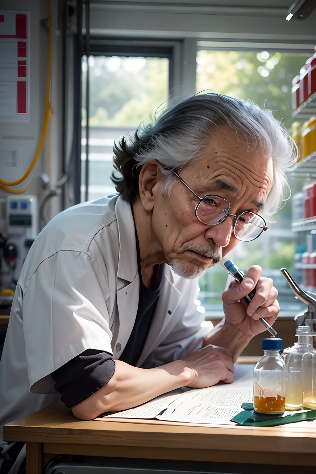 75-year-old grandfather、Investigador con bata blanca、apariencia々Escena de un laboratorio con equipos、Small, short figure、