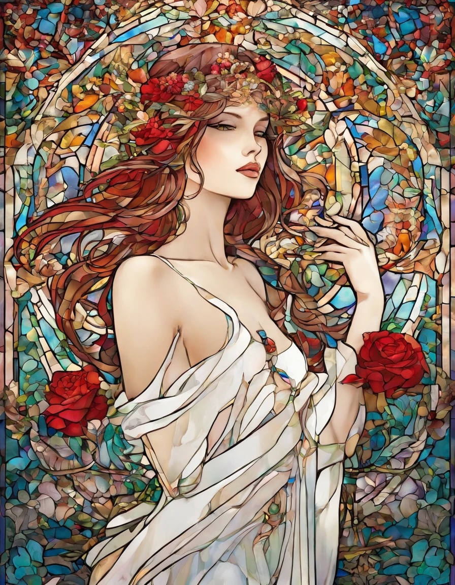 ((nsfw)), singer in a white half mask, grandes asas de anjo, vestido vermelho longo, innocence, ((nude))