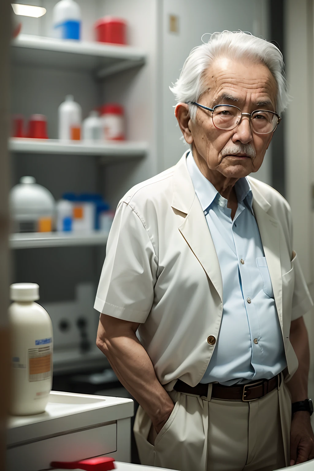 75-year-old grandfather、Investigador con bata blanca、apariencia々Escena de un laboratorio con equipos、Small, short figure、