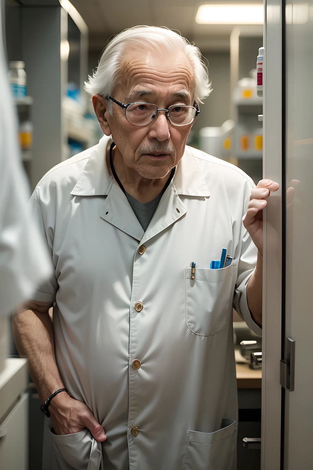 75-year-old grandfather、Investigador con bata blanca、apariencia々Escena de un laboratorio con equipos、Small, short figure、