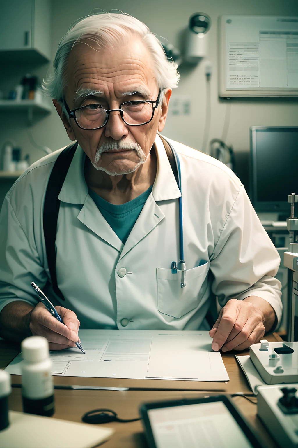 75-year-old grandfather、Investigador con bata blanca、apariencia々Escena de un laboratorio con equipos, microscope