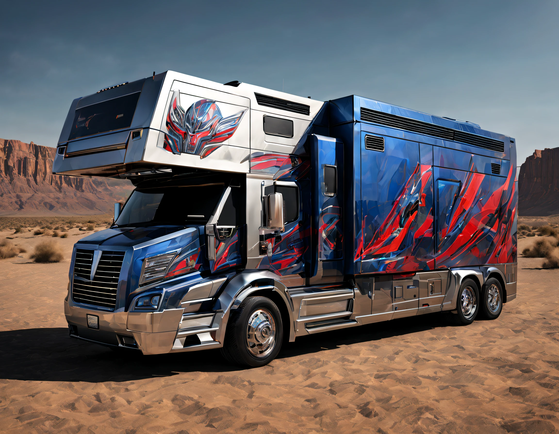 Transformers RV，An RV，Campervan, Autobot，Optimus Prime，sci-fy，cyber punk style，high - tech