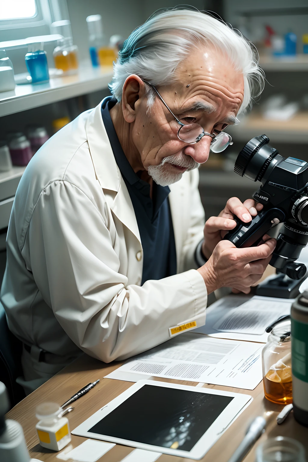 75-year-old grandfather、Investigador con bata blanca、apariencia々Escena de un laboratorio con equipos, microscope