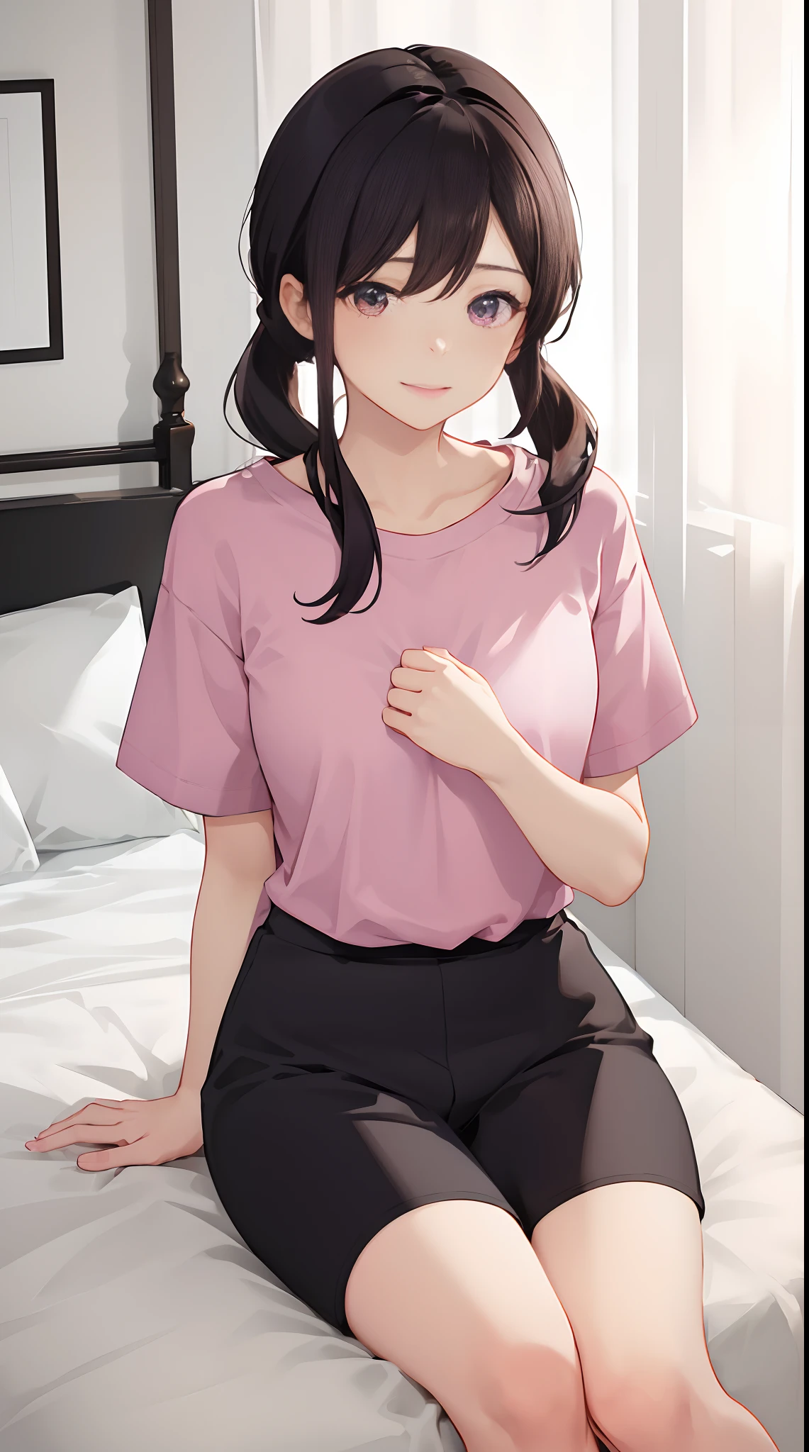 garoto 1, sentado em uma cama, usando camisa oversized, medium brown hair, olhos castanhos, age pink bedroom scenery, soft lighting