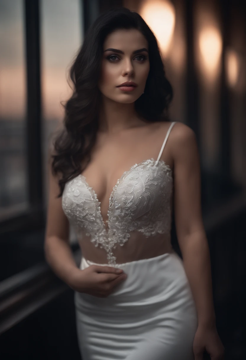 solo girl, masterpiece, ultra-realistic, tight dress, short dress, see through dress, white skin, curvy body, black hair, extremely detailed eyes, HDR, beautiful and aesthetic, romantic and sensual