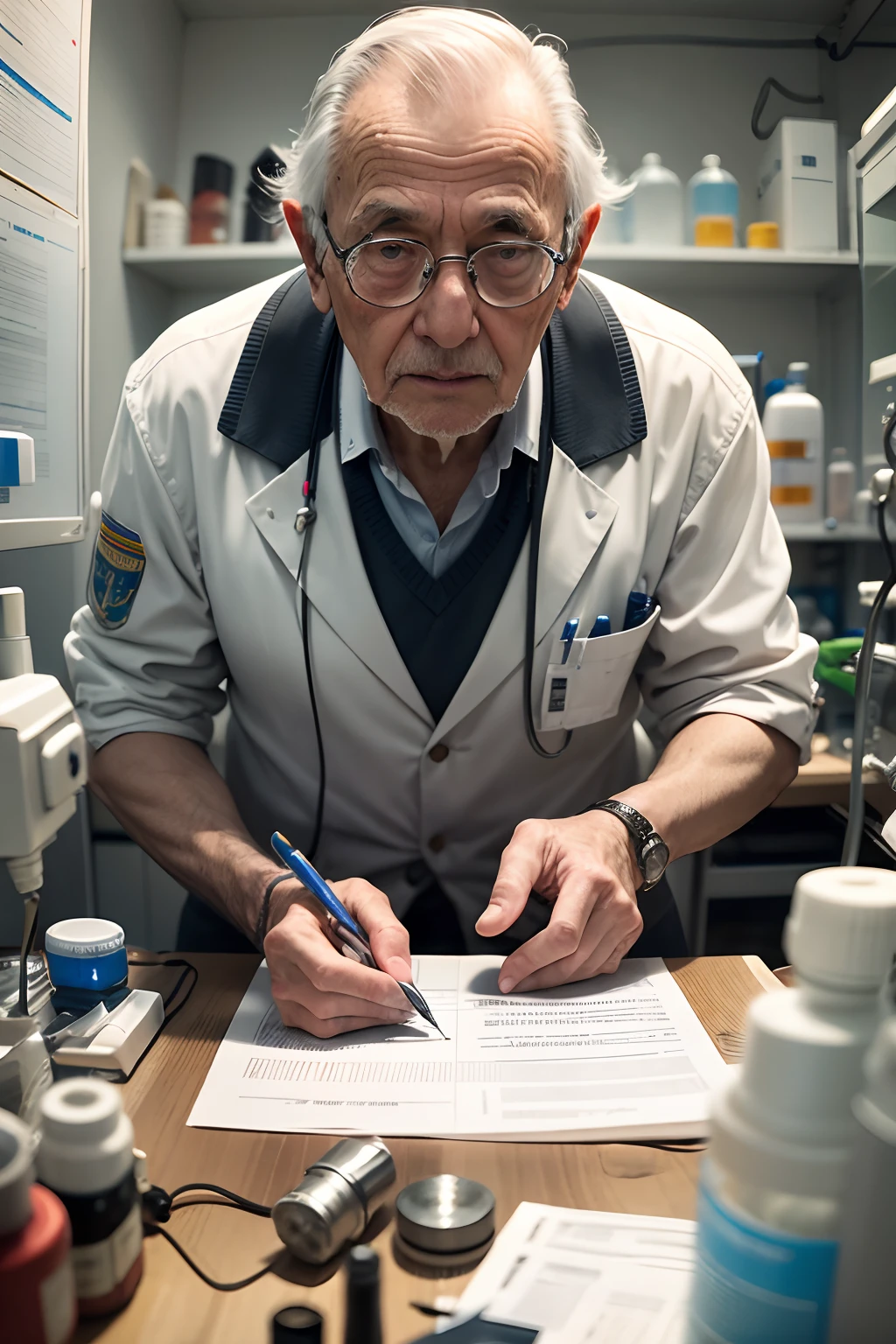 75-year-old grandfather、Investigador con bata blanca、apariencia々Escena de un laboratorio con equipos, microscope