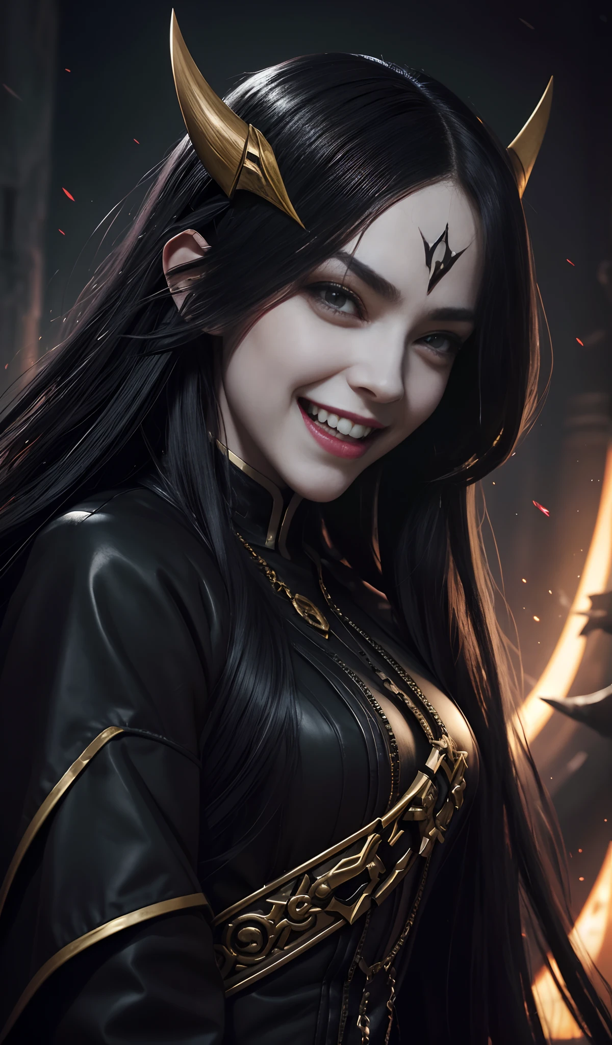 a close up of a person with long hair, a character portrait, by Yang J, gothic art, large black smile, holy cyborg necromancer girl, billie eilish as female loki, vampire fashion, black hime cut hair, neoartcore and charlie bowater, very huge smile, from arknights, she is laughing, evil pose, with gold teeth