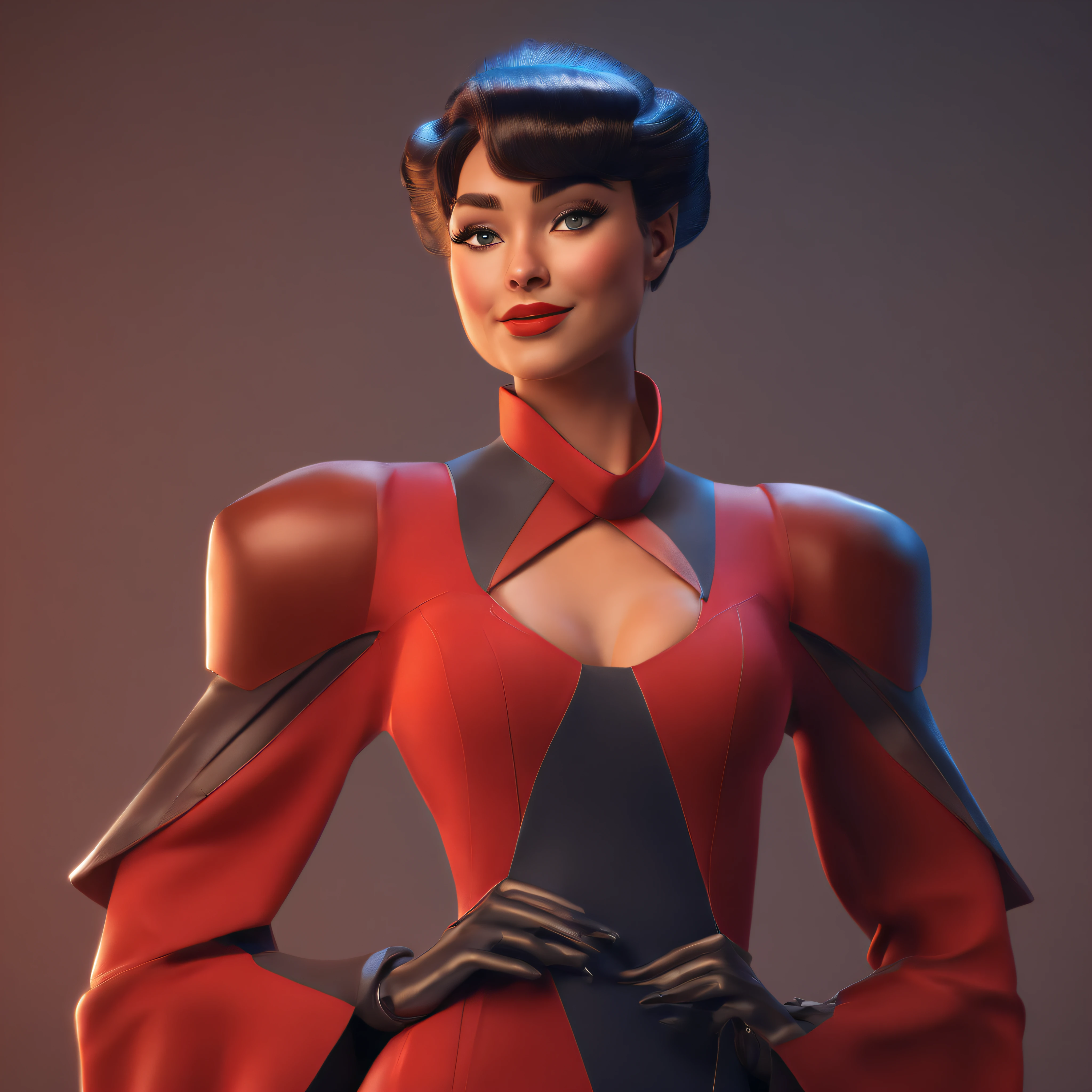 Animated portrait of a female character with striking red hair styled into a tall, elegant bun. She has fair skin, arched eyebrows, green eyes, and red lips that express a confident and playful demeanor. She's dressed in a short blue, form-fitting miniskirt sci-fi uniform dress reminiscent of the 'Star Trek' series. She is wearing black tights. The dress features a high collar, flared sleeves at the wrists, and a triangular badge on the left side of her chest. She poses with one hand raised in a gesture similar to the Vulcan salute. The image has a vintage sci-fi theme, blending classic and modern aesthetics.