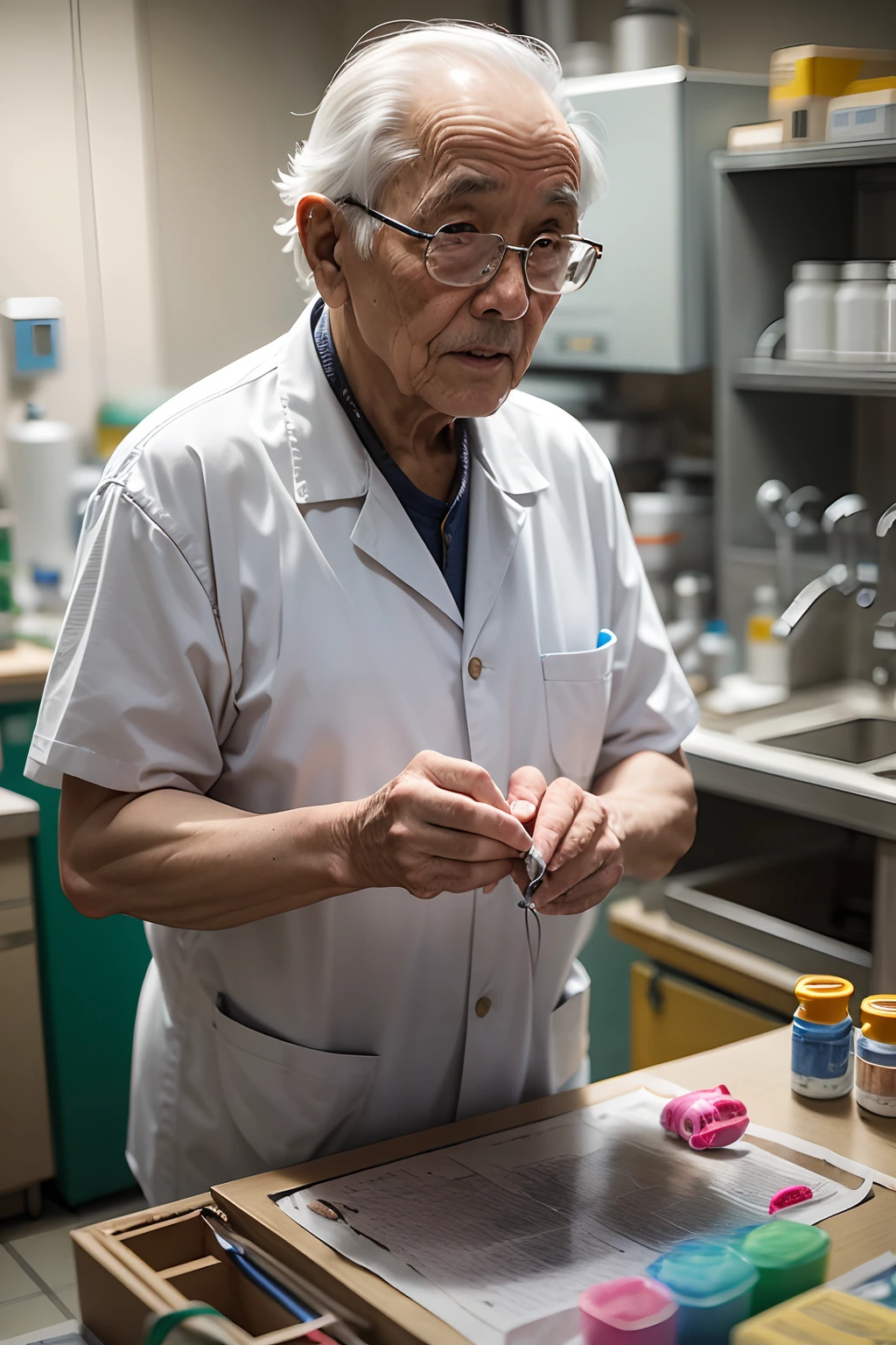 75-year-old grandfather、Investigador con bata blanca、apariencia々Escena de un laboratorio con equipos、Small, short figure、