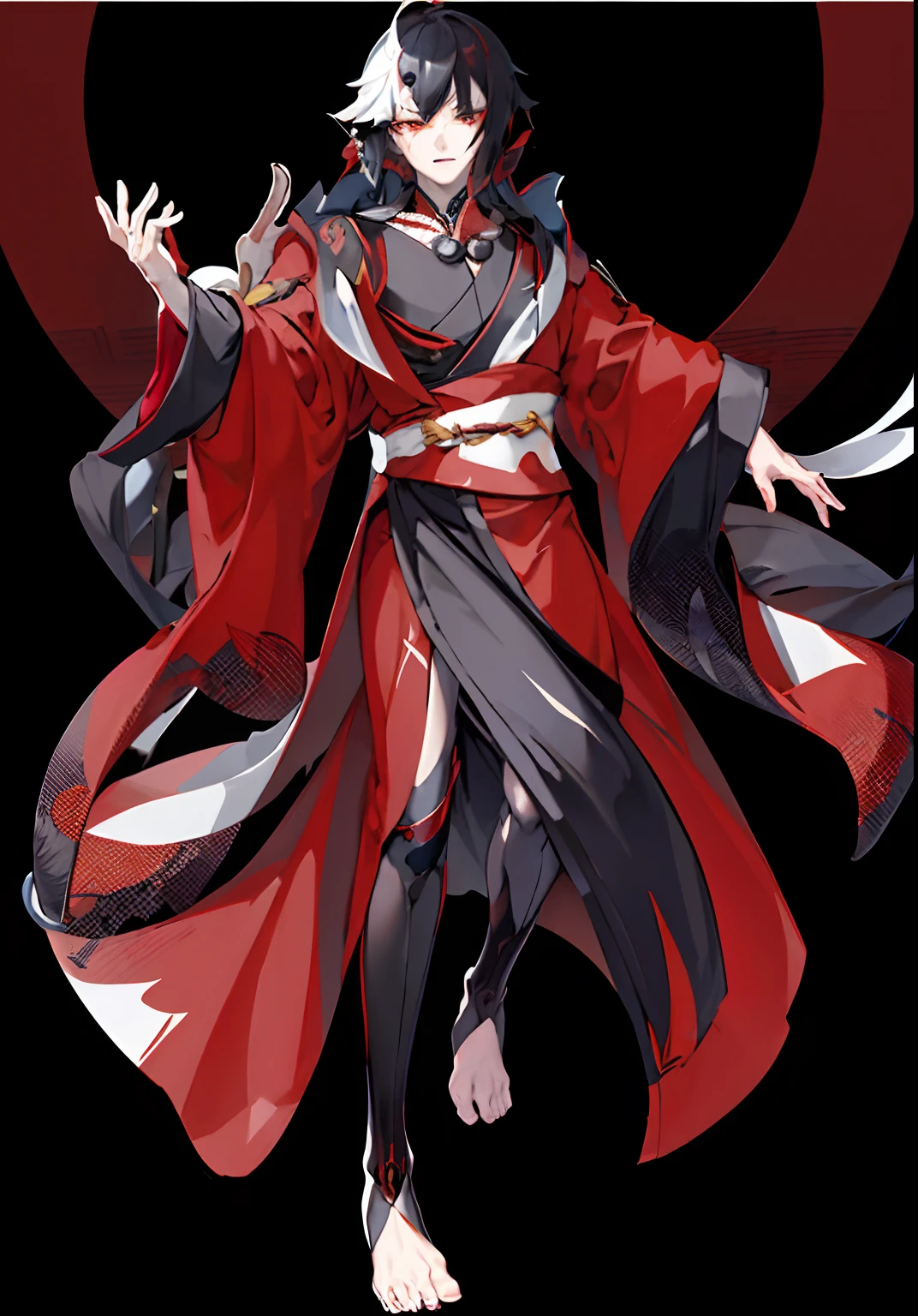 (Masterpiece, best quality: 1.2), (Super detailed), (Illustration),detailed face, anime character dress in japanese style, male japanese demon, youkai, onmyoji, onmyoji arena, kimono, fullbody,anime full body illustration, full body with costume, kimono japanese, onmyoji game, shinigami , a man in a black robe and red belt, flowing hair and long robes, ((wearing aristocrat robe)), wearing dark robe, cloaked, wearing flowing robes, wearing a black robe, wearing black robe, dark sorceress fullbody pose, wearing a long flowing robe, half invoker half megumin, dark flowing robe, on fire, fire effect, kimono detailed, Japanese's style