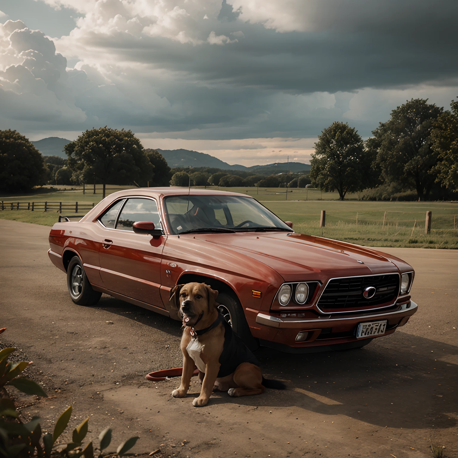 A dog sitting on a red car,realistic environment, cloudy nature