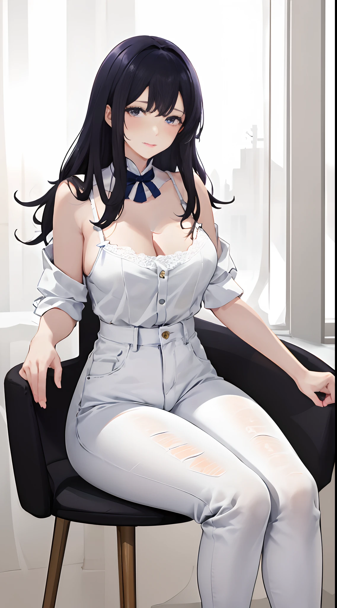 beautiful woman, 18 years old, in an office, sitting in a chair, behind a desk, exhausted, sad, angry, at night, contemplating the landscape through the window, /(white skin, extremely long black hair, sky blue eyes,), /(fitted office clothes: patent leather shoes, sky blue plain mini skirt, white short-sleeved blouse, buttoned sky blue vest, hair brooch,), /(shapely legs, hourglass athletic body, medium hips, medium waist, big chest,),