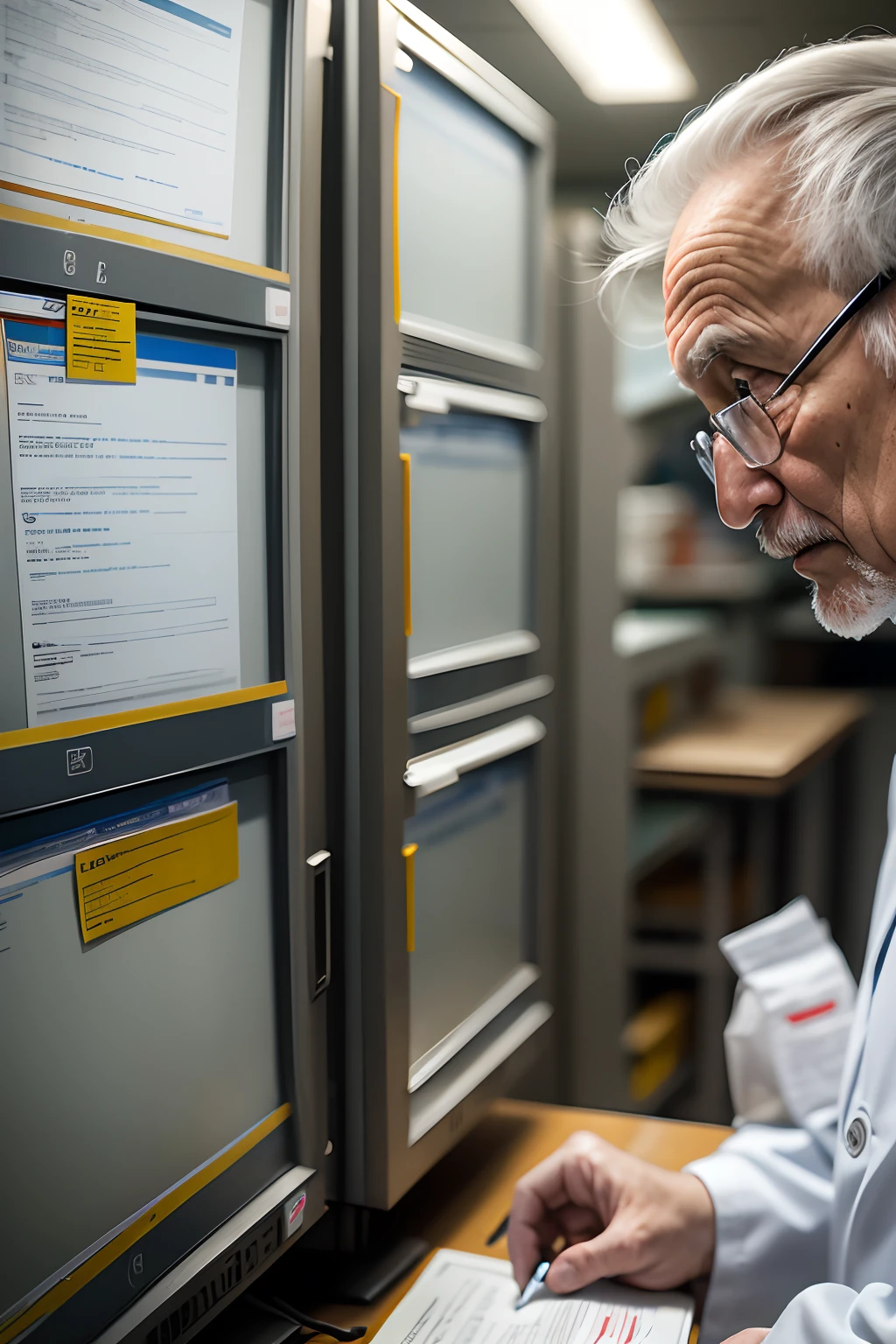 75-year-old grandfather、Investigador con bata blanca、apariencia々Escena de un laboratorio con equipos、Small, short figure、