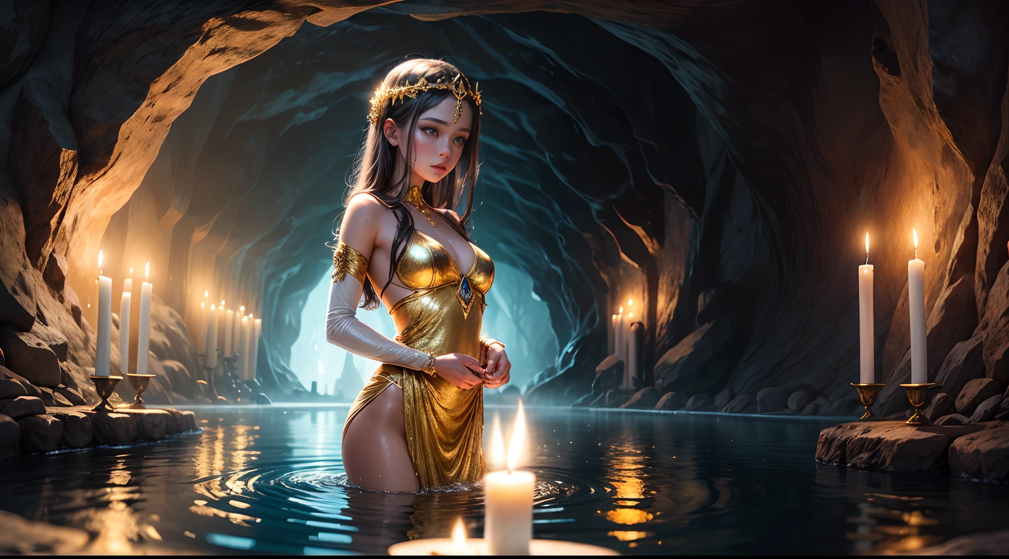 In the heart of a mystical cave, a girl donned in a shimmering, golden gown stands before a pool of liquid gold, her reflection merging with the molten metal as she weaves a spell of ancient magic, creating a breathtaking fusion of girl, cave, candles, space, and gold.