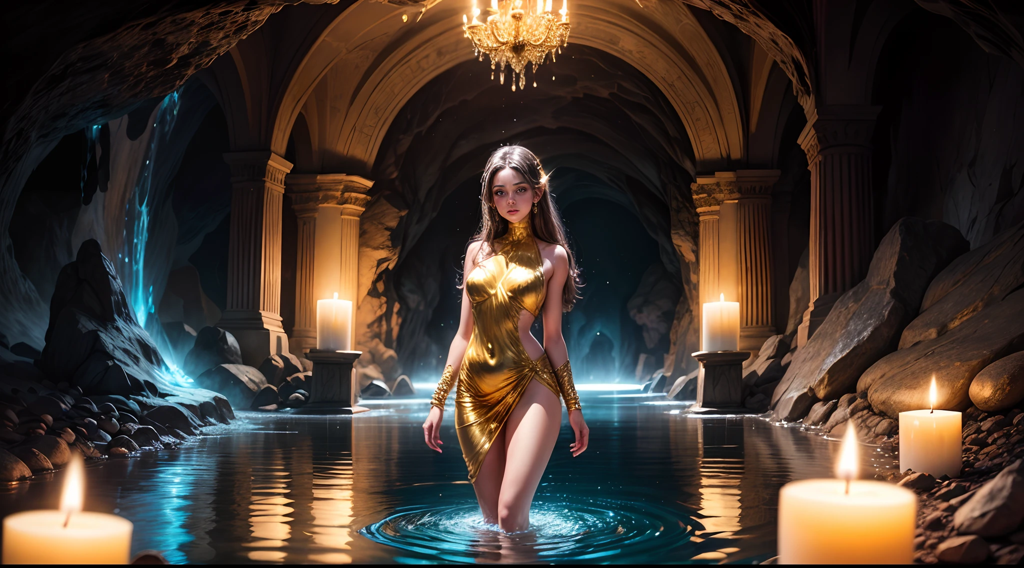 In the heart of a mystical cave, a girl donned in a shimmering, golden gown stands before a pool of liquid gold, her reflection merging with the molten metal as she weaves a spell of ancient magic, creating a breathtaking fusion of girl, cave, candles, space, and gold.