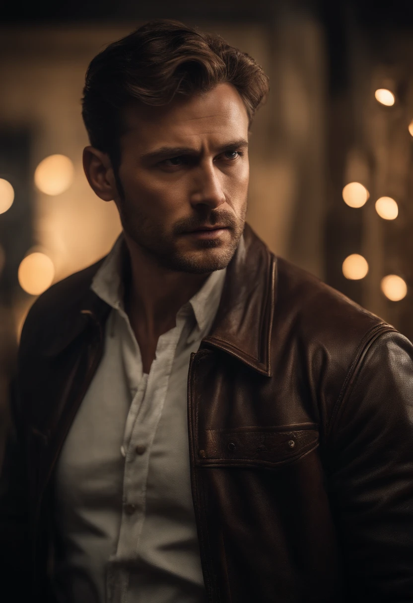 (best quality,ultra-detailed:1.2),A man standing in front of a target, holding a gun,carved wooden target,bullet holes on the target,metallic gun,leather gun strap,serious expression,powerful posture,close-up of the man's intense gaze,target reflection in the man's eyes,studio lighting,sharp focus,portraits,vivid colors,warm color tones,soft and diffused lighting