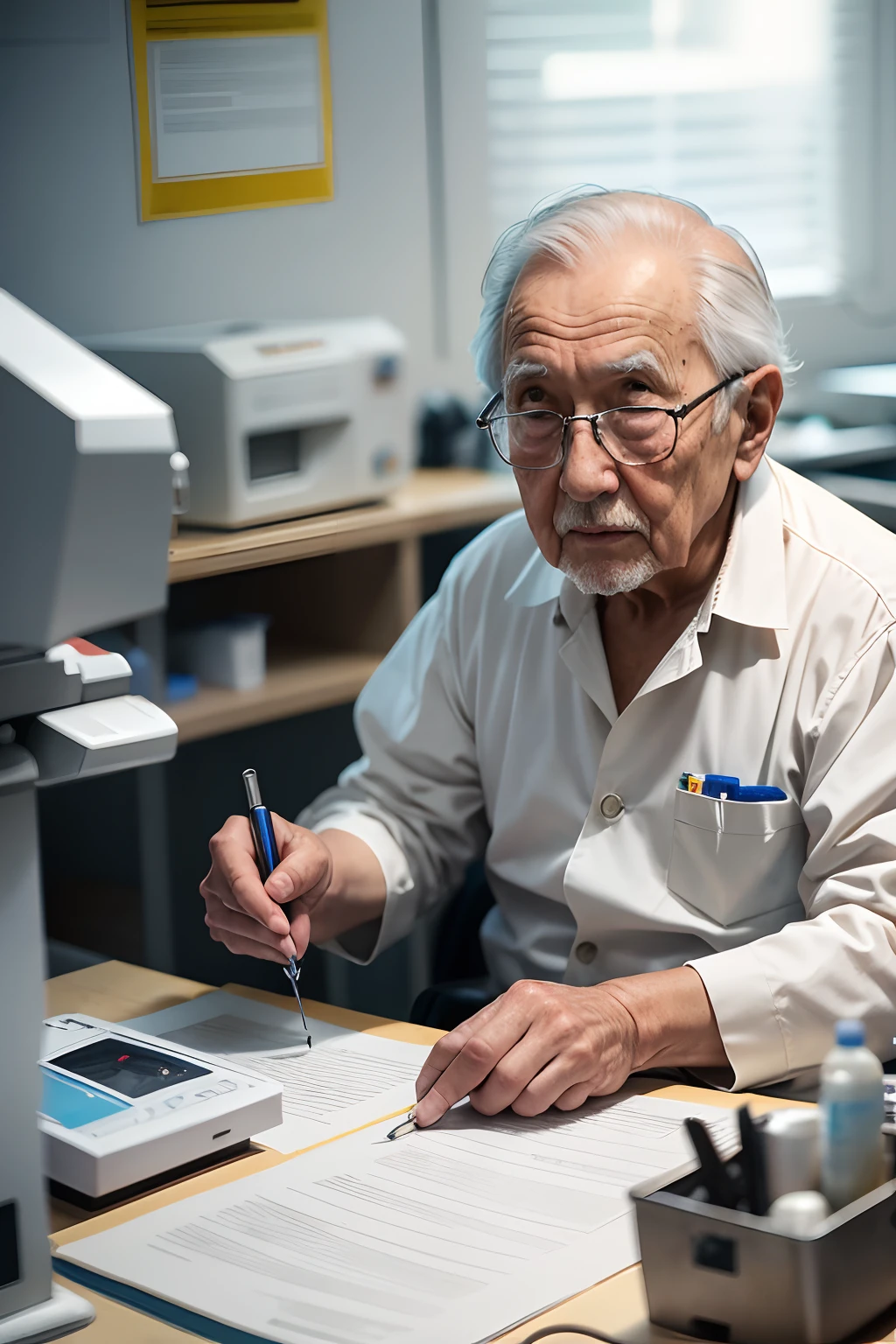 75-year-old grandfather、Investigador con bata blanca、apariencia々Escena de un laboratorio con equipos、Small, short figure、