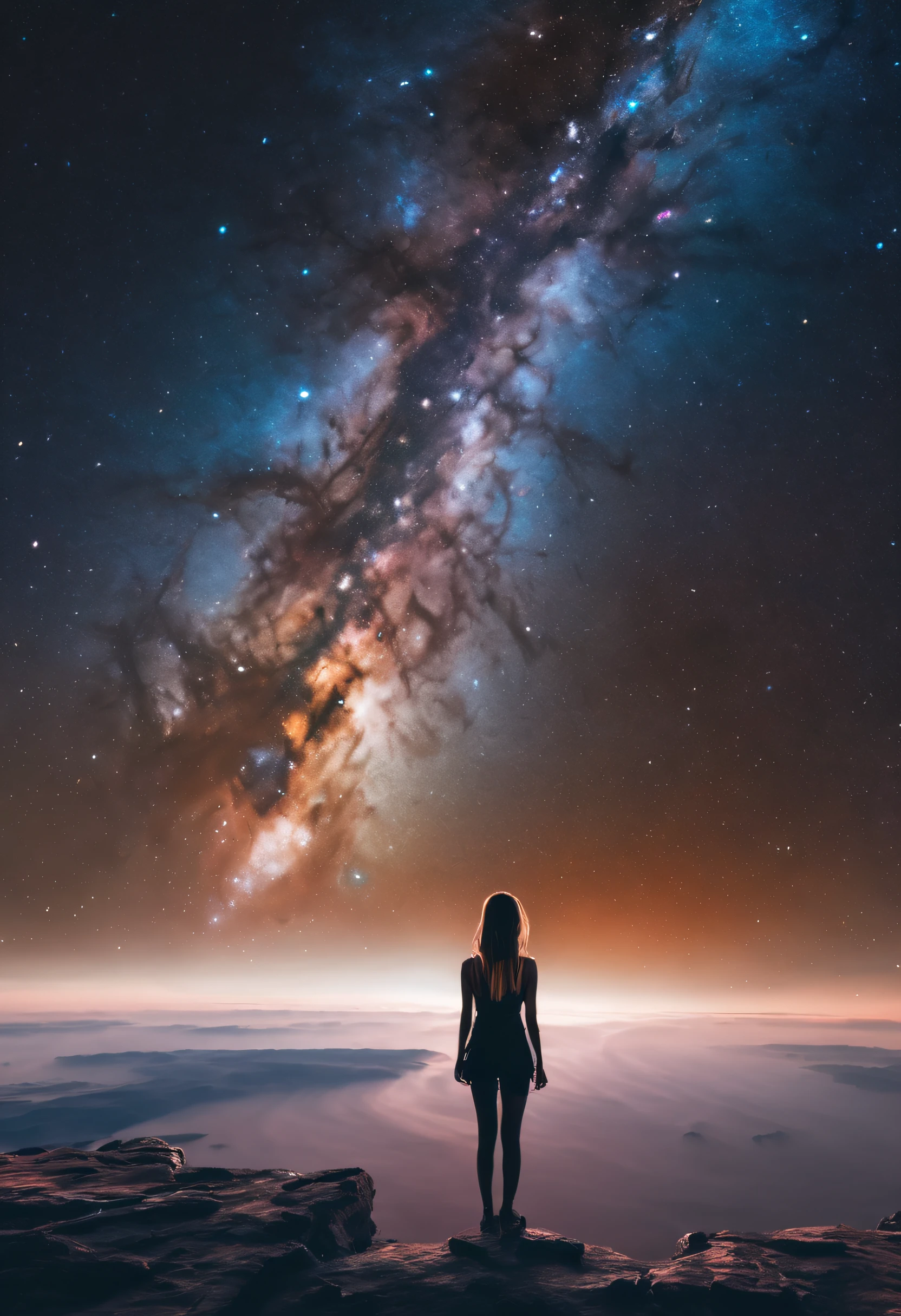 A girl stands on the edge of a majestic space station, overlooking the curvature of the Earth below, as the dazzling stars of the Milky Way paint the backdrop of her awe-inspiring panoramic view, blending the cosmic grandeur with her human presence.