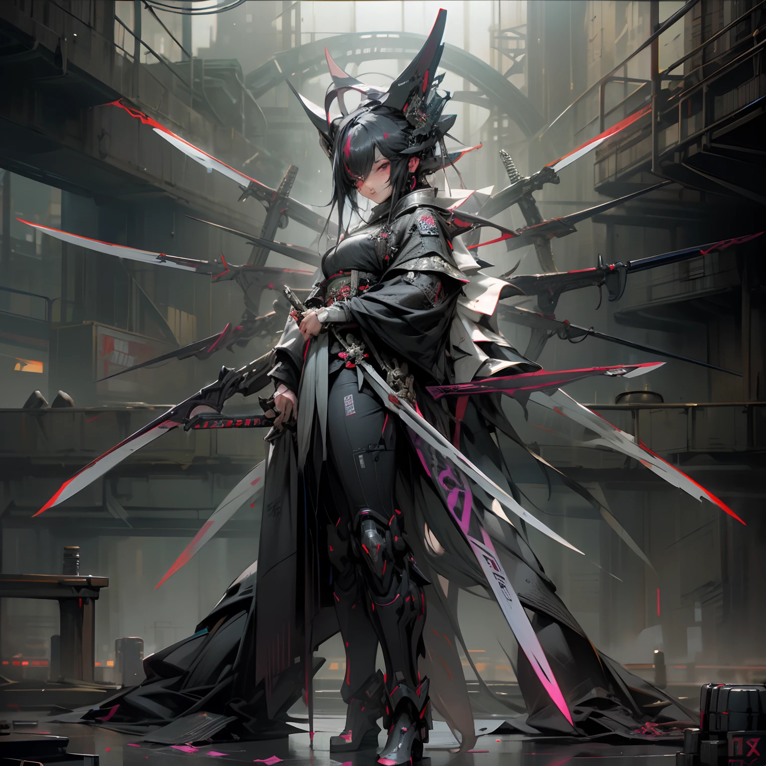 Anime character holding sword and armor in a dark room, inspired by Marek Okon, Cyberpunk Dark Fantasy Art, very beautiful cyberpunk samurai, cyberpunk robotic elvish queen, Cyberpunk Now Warrior, Digital Cyberpunk Anime Art, cyberpunk samurai, dark cyberpunk illustration, advanced digital cyberpunk art, cyberpunk angry gorgeous goddess, Cyberpunk anime girl mecha, anime cyberpunk art, cyberpunk geisha