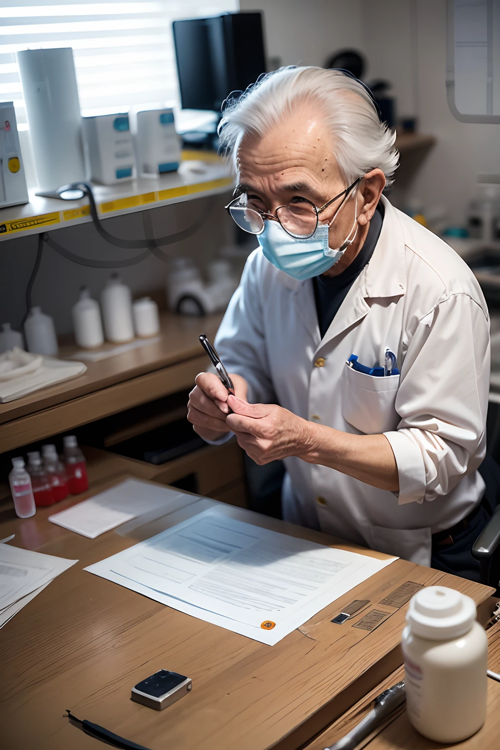 75-year-old grandfather、Investigador con bata blanca、apariencia々Escena de un laboratorio con equipos、Small, short figure、