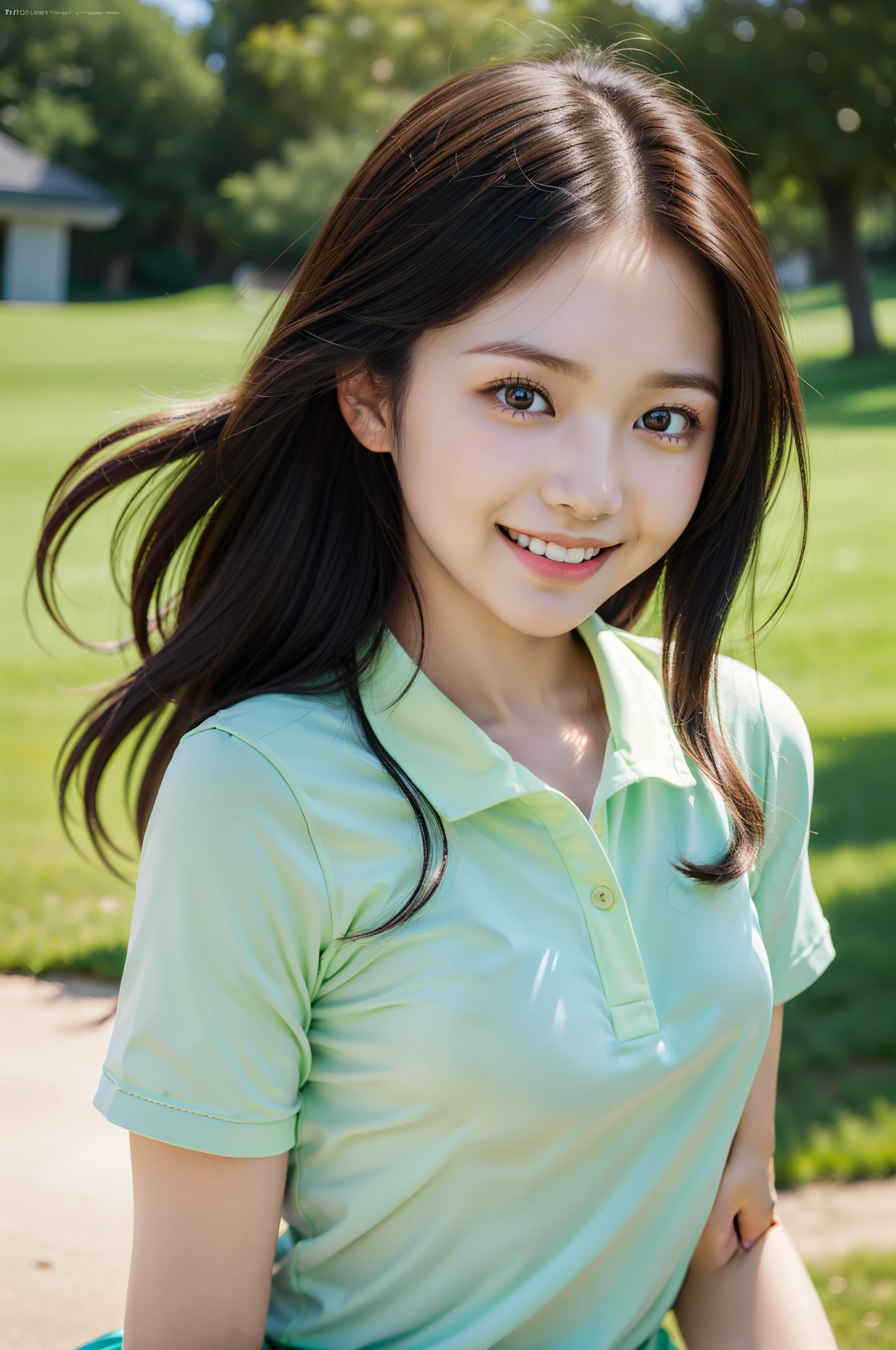 Solo shooting of Eri Kamei of Morning Musume, all around 20 years old, Dressed as a golfer. She exudes cuteness and grace, Get ready to swing on a lush golf course. The image shows realistic realism, Ulutra HD, crisp detail, Vivid colors, and dynamic range. The soft bokeh of the background emphasizes her presence, With fine texture on her golf wear. When she smiles、Her white teeth shine, zora々Capturing the essence of beauty. photography hyperrealism, Highly detailed, high-definition16k, Canon EOS 5D Mark IV DSLR Camera, EF 85mm f/1.8 STM lens, Resolution 30.4 megapixels, ISO sensit: 100, Shutter Speed 1/125 sec, Dynamic front light that captures her calm posture, Vibrant colors, Facing Camera, High Sharpness, depth of fields, ultra-detailed photography --ar 16:9 - V5.1 --Style raw --Q 2 --S 750.