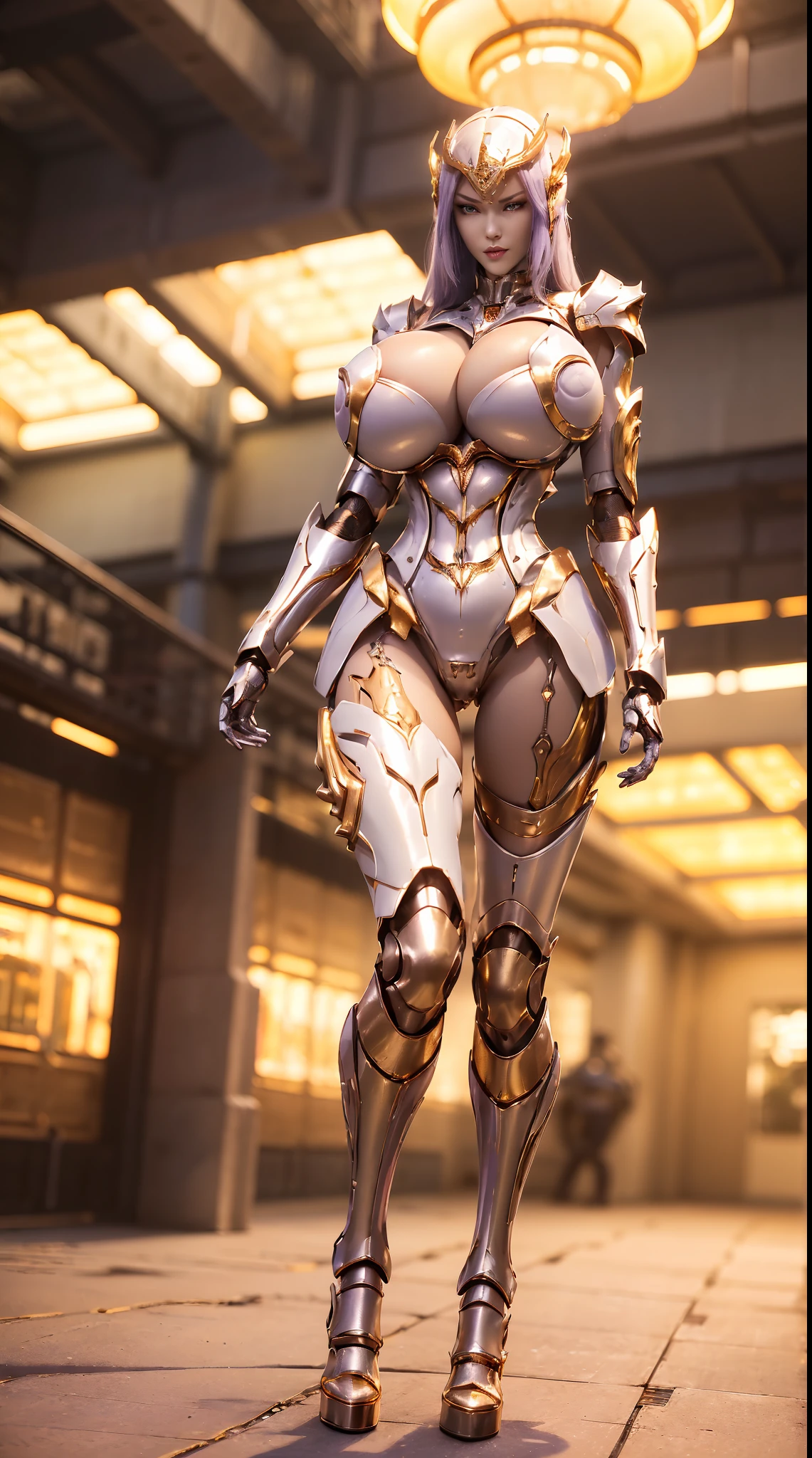 1GIRL, SOLO, (ssmile, makeup, beautifull eyes, red libs, black hair), (detailed face), super detailed face, (dragon mecha helm:1.2), (BIG BUTTOCKS, MUSCLE ABS, HUGE BOOBS:1.5), (MECHA GUARD ARM:1.3), (white, purple, gold, MECHA CYBER SHINY ARMORED SUIT, NSFW CLEAVAGE, MECHA GUARD ARMOR LEGS, HIGH HEELS:1.5), (SLENDER BODY, SEXY LONG LEGS, FULL BODY:1.4), (LOOKING AT VIEWER:1.3), (WALKING DOWN OF FUTURISTIC SPACE STATION:1), (BRIGHT LIGHTING:1.3), PHYSICALLY-BASED RENDERING, ULTRA HIGHT DEFINITION, 16K, 1080P.