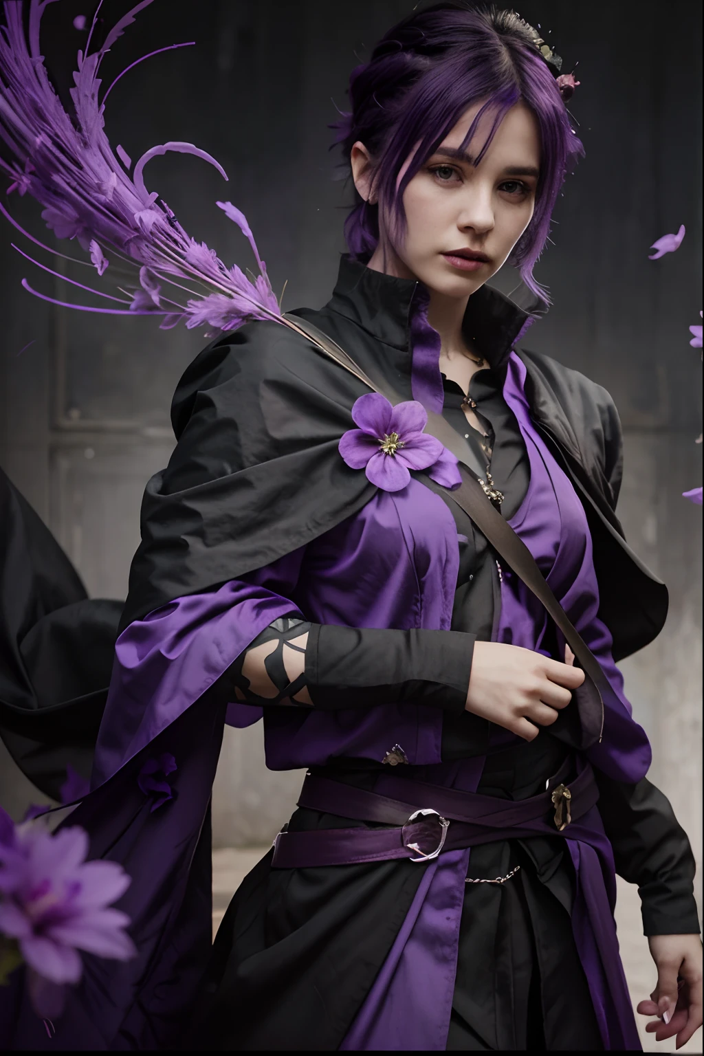 Character with purple hair and black cloak, holding a purple flower