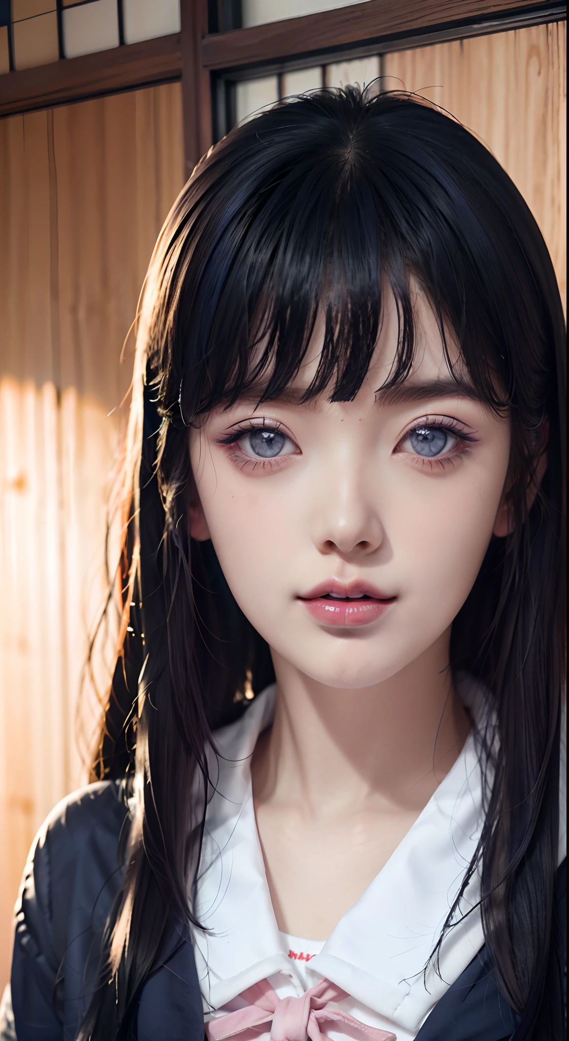 Anime girl with long black hair and blue eyes，smooth anime cg art，Realistic anime 3 D style，Realistic anime art style，detailed digital anime art，digital anime illustration，Realistic anime art style，Kawaii realistic portrait，detailed portrait of an anime girl，a beautiful anime portrait，photorealistic anime girl rendering，Realistic young anime girl， portrait anime girl