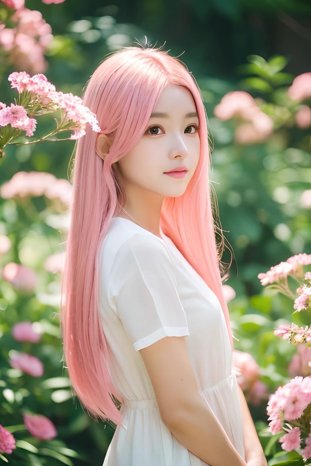 beautiful girl, cute, pink hair, symmetrical face, symmetrical eyes, two identical symmetrical eyes, beautiful girl, gorgeous,realistyc skin, cutie, long hair, full body, asian, brown eyes, smelling flower, skin is not perfect