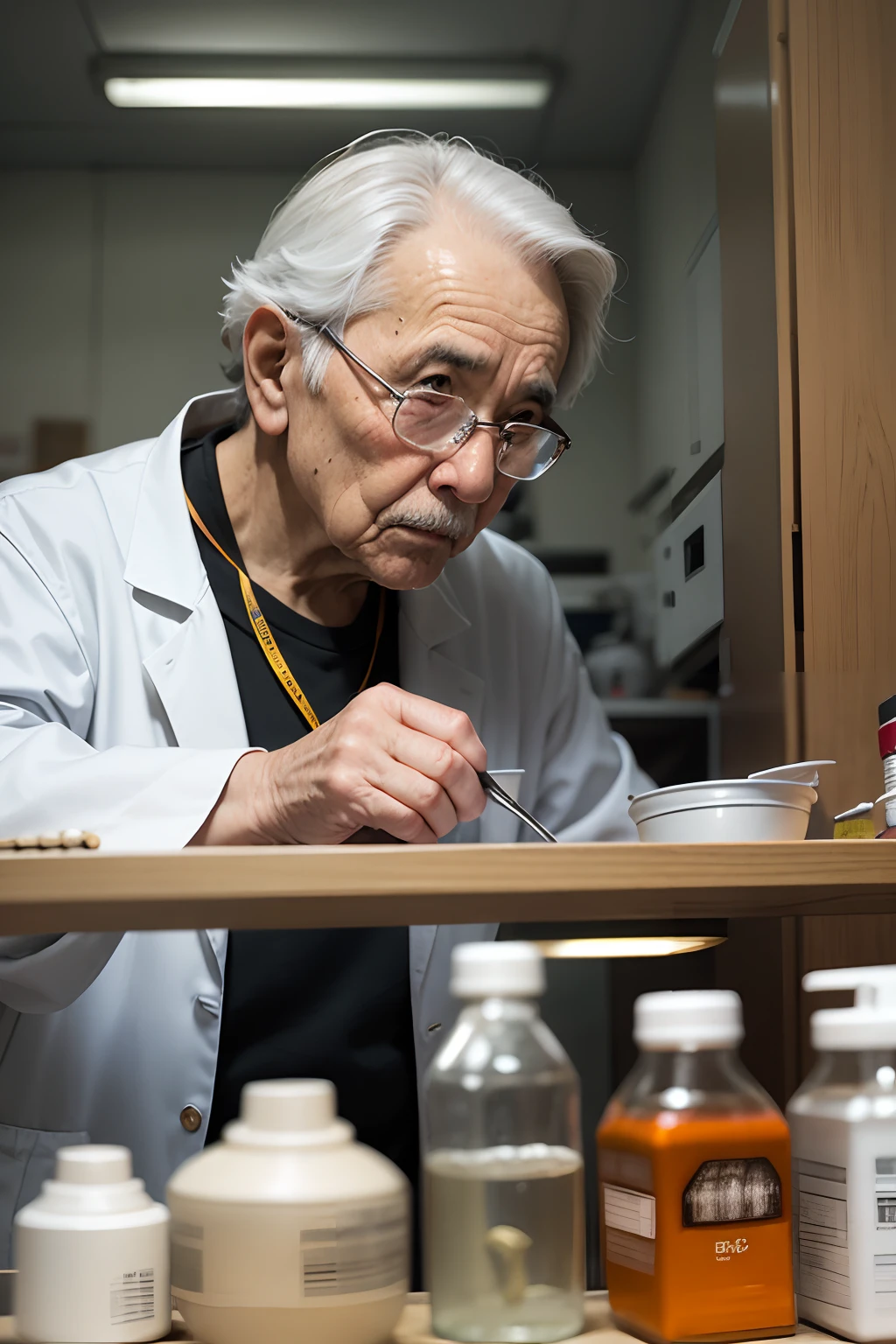 75-year-old grandfather、Investigador con bata blanca、apariencia々Escena de un laboratorio con equipos、Small, short figure、