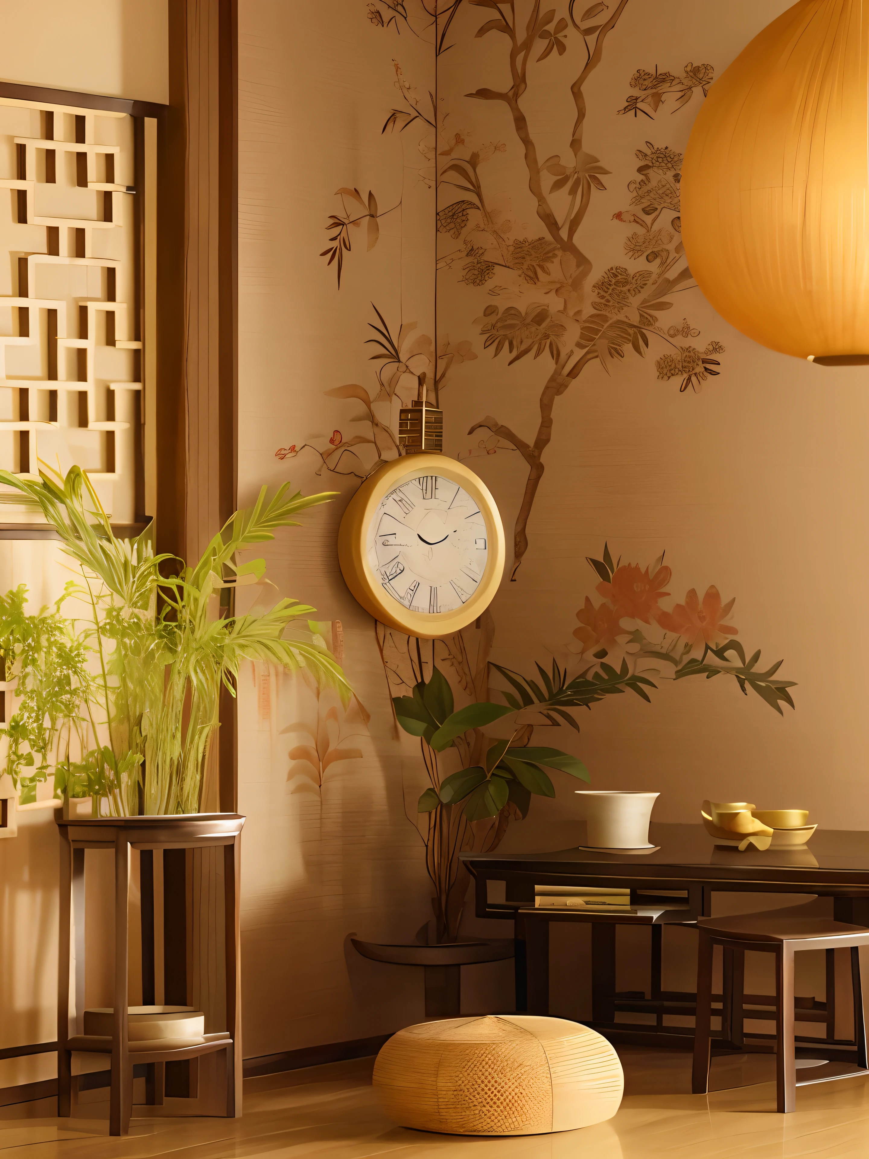 There is a room with a clock and a table with plants, asian interior decoration, Chinese style, with ancient chinese aesthetic, oriental wallpaper, hanging scroll on wall, Chinese painting style, inspired by Kanō Mitsunobu, inspired by Gong Xian, inspired by Xie Shichen, sand - colored walls, traditional chinese textures, Japanese style