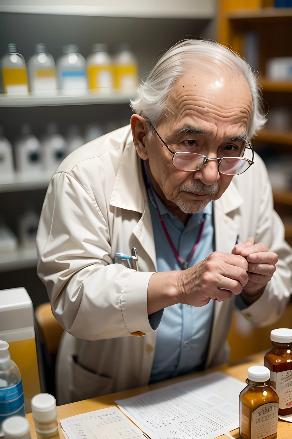 75-year-old grandfather、Investigador con bata blanca、apariencia々Escena de un laboratorio con equipos、Small, short figure、