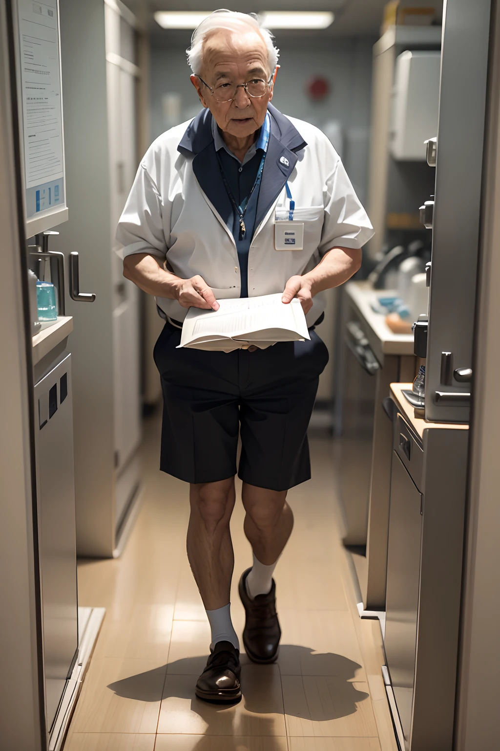 75-year-old grandfather、Investigador con bata blanca、apariencia々Escena de un laboratorio con equipos、Small, short figure、