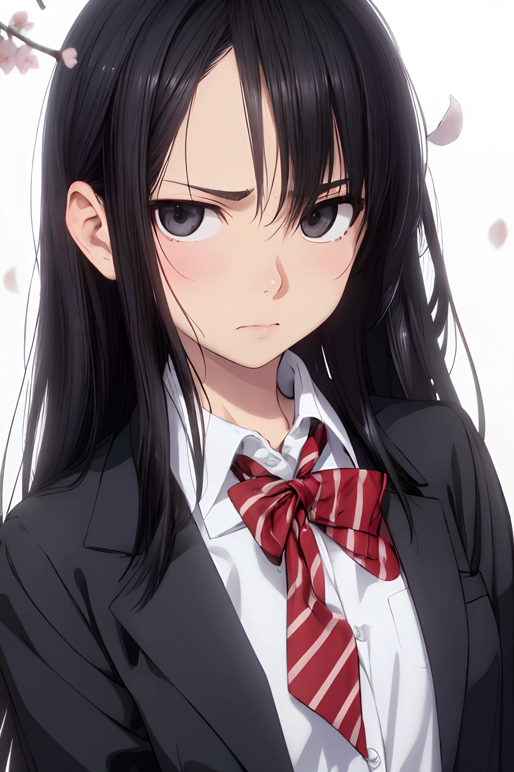 (Best Quality,4k,8K,hight resolution,Masterpiece:1.2),Ultra-detailed,(Realistic,Photorealistic,photo-realistic:1.37),Anime style, black  hair, long black hair, quiff, gray eyes, An indifferent look, emotionless, furrowed brow, high school uniform, black school uniform, black clothing, Cherry blossom background, whitebackground, whitebackground, Simple background