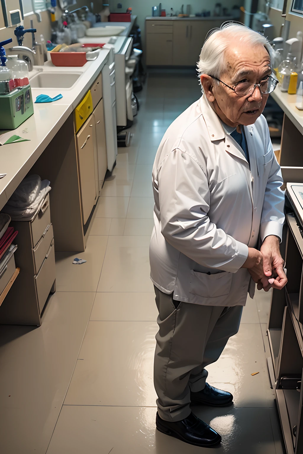 75-year-old grandfather、Investigador con bata blanca、apariencia々Escena de un laboratorio con equipos、Small, short figure、