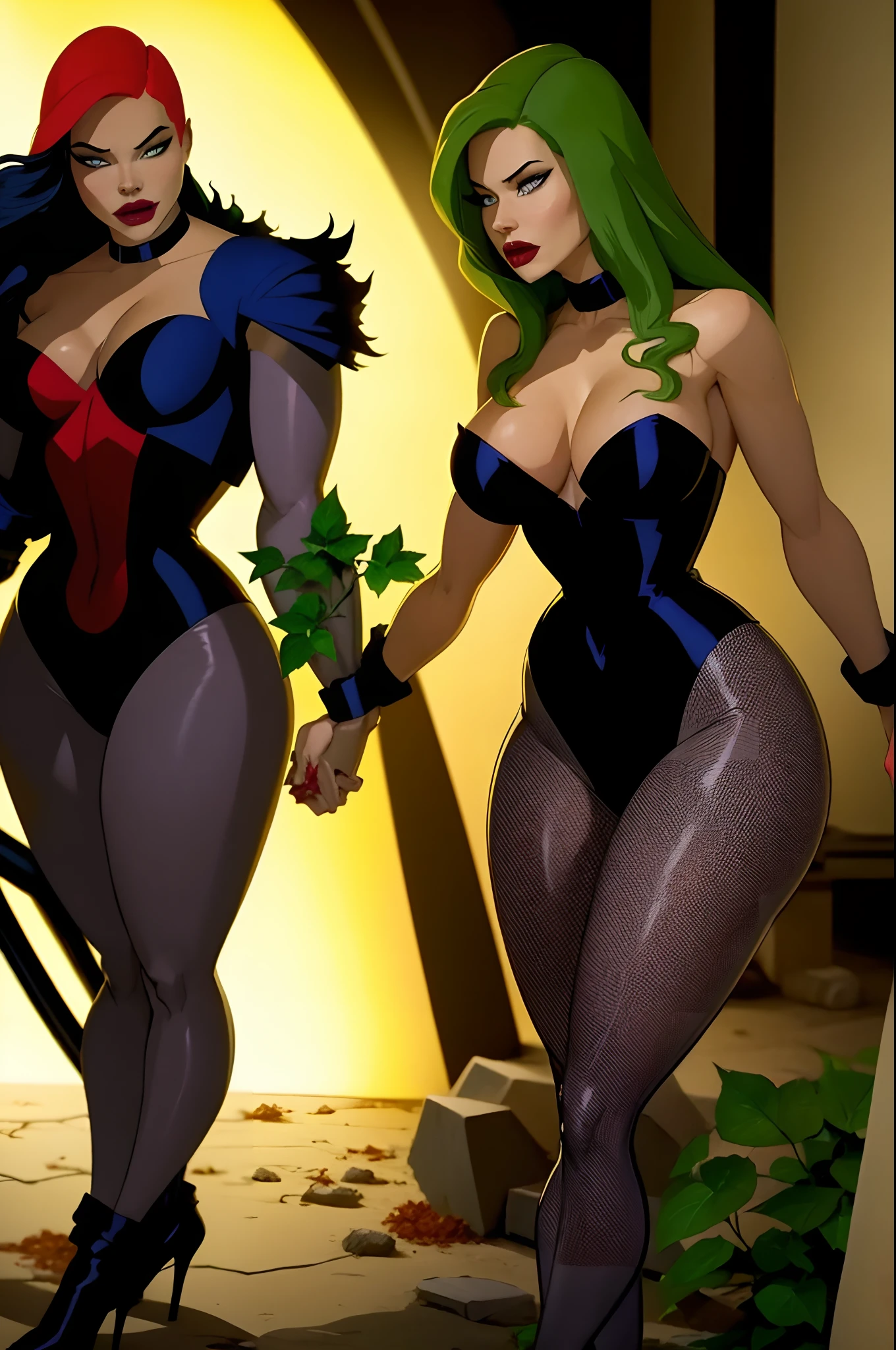 Poison ivy dc comics e Arlequina dc comics, Backgroud there is a huge carnivorous plant and the burning ground, Arlewuina is kissing Ivy Poisondetailed, high definicion, obra prima