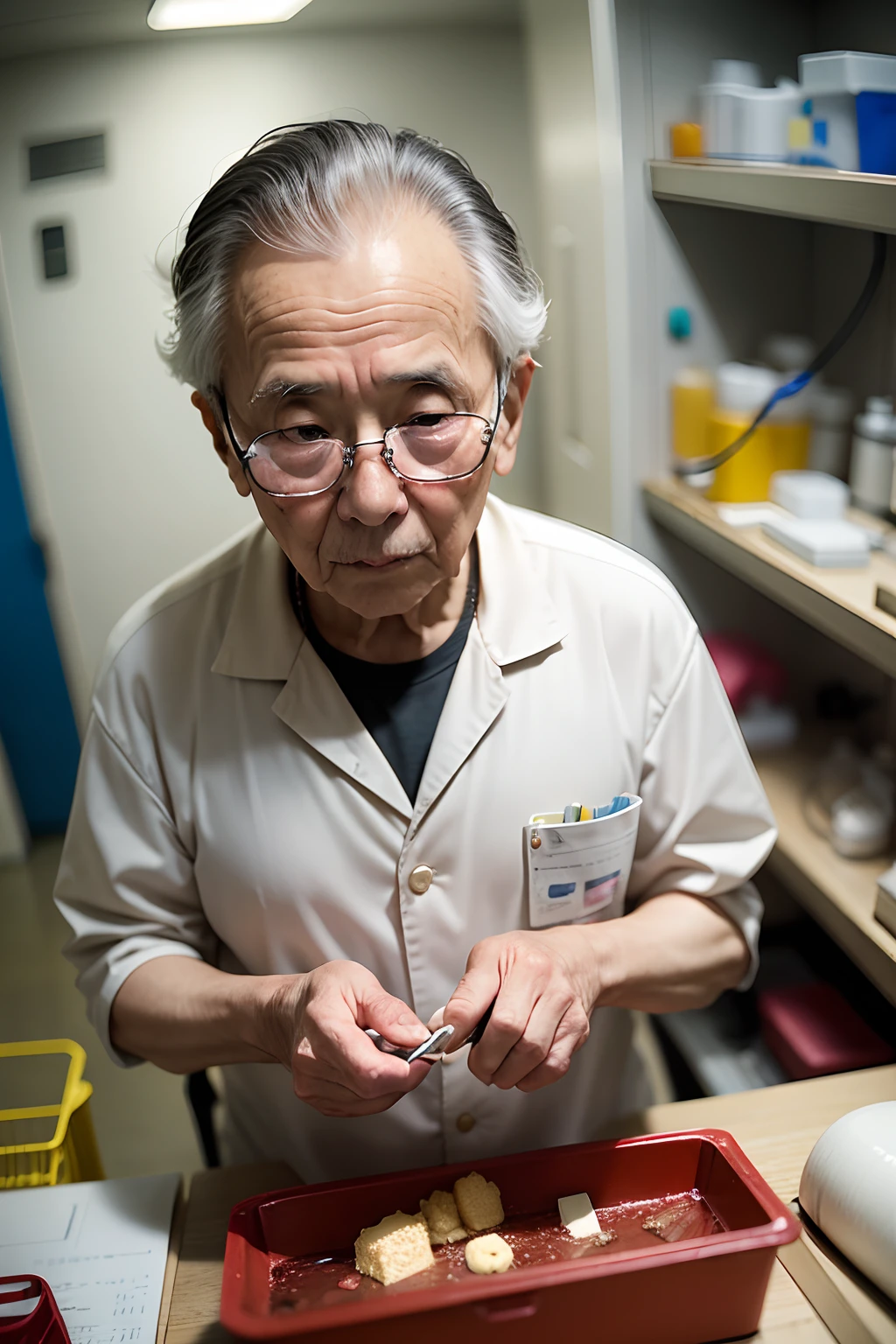 75-year-old grandfather、Investigador con bata blanca、apariencia々Escena de un laboratorio con equipos、Small, short figure、