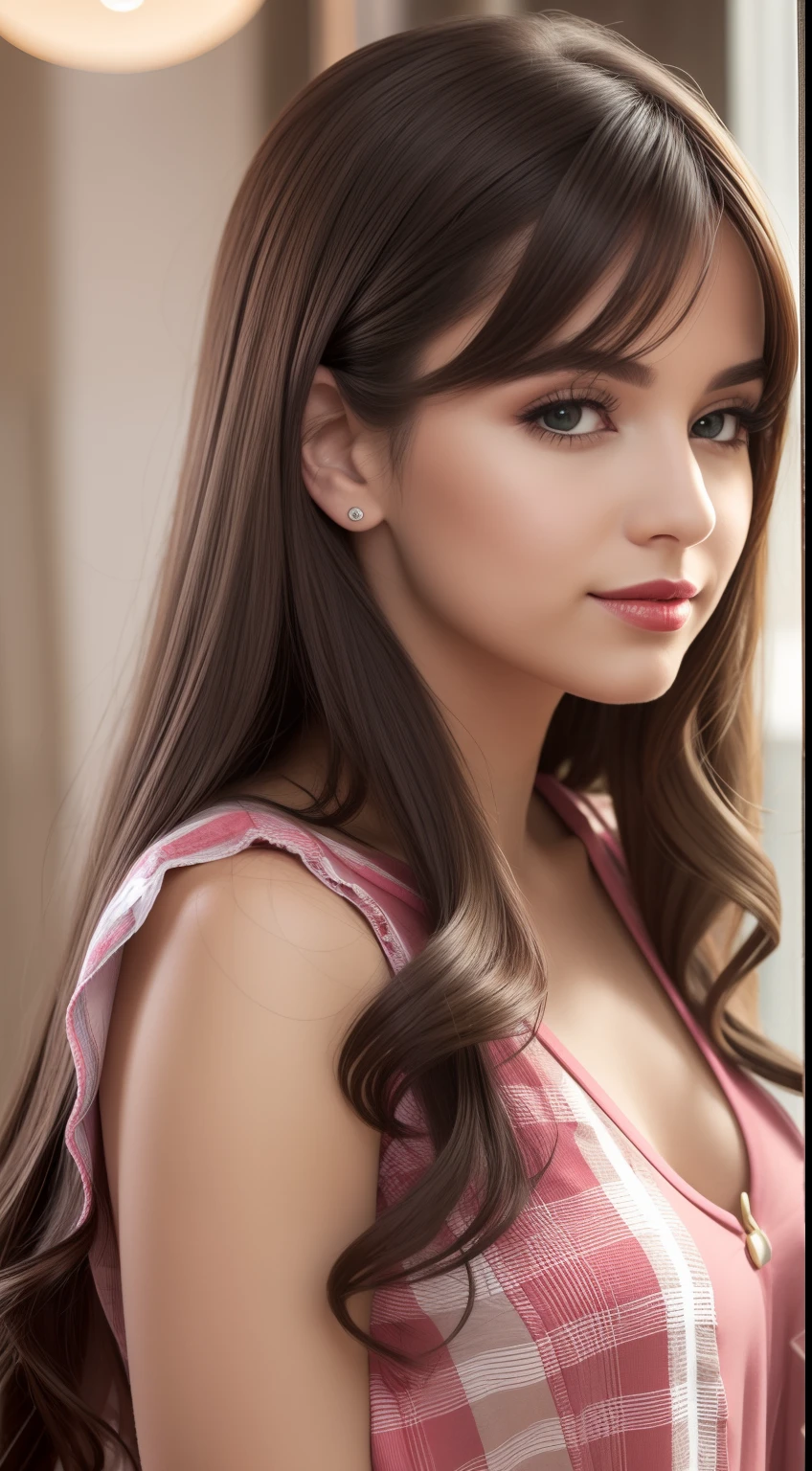 Una mujer joven y hermosa, cabello rubio que cae suavemente en ondas hasta los hombros, altura mediana, Ojos grandes y verdes, piel clara, She's in her pajamas, She's in her bed, Cuidar el cabello antes de acostarse, The environment is illuminated with lights of warm and pleasant colors making your hair shine, Su semblante es naturalmente sereno, lips with red lipstick, textura 8k, Altamente detallado, realista, soft cinematic light, HDR, foco nítido, obra-prima, fotorrealista, rewarded photography, Canon EOS R5, 35 mm
