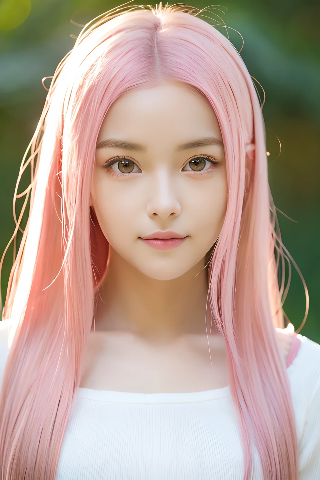 beautiful girl, cute, pink hair, symmetrical face, symmetrical eyes, two identical symmetrical eyes, beautiful girl, gorgeous,realistyc skin, cutie, long hair, full body, asian, brown eyes, smelling flower, skin is not perfect