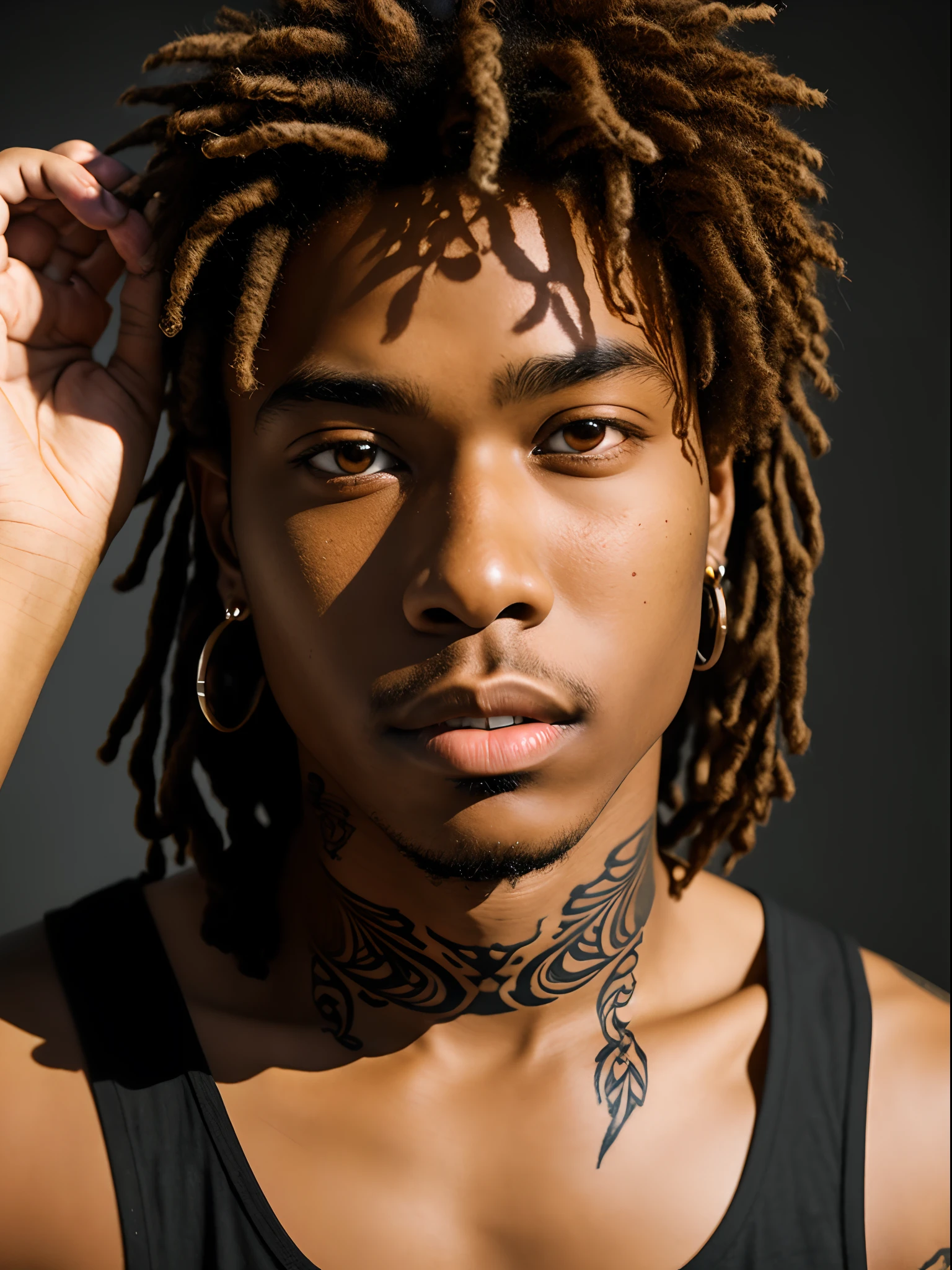 an african american named zero who has blonde dreadlocks and piercings on his eyebrow and nose. and his face is His eyes a deep blood red. and he appears to have a couple singular black, eyeball shaped brandings that looked like tattoos a bit. one on his neck, 4 on both arms, and others that were covered by his clothing. he wore a white tank top and black jeans along with black converse.