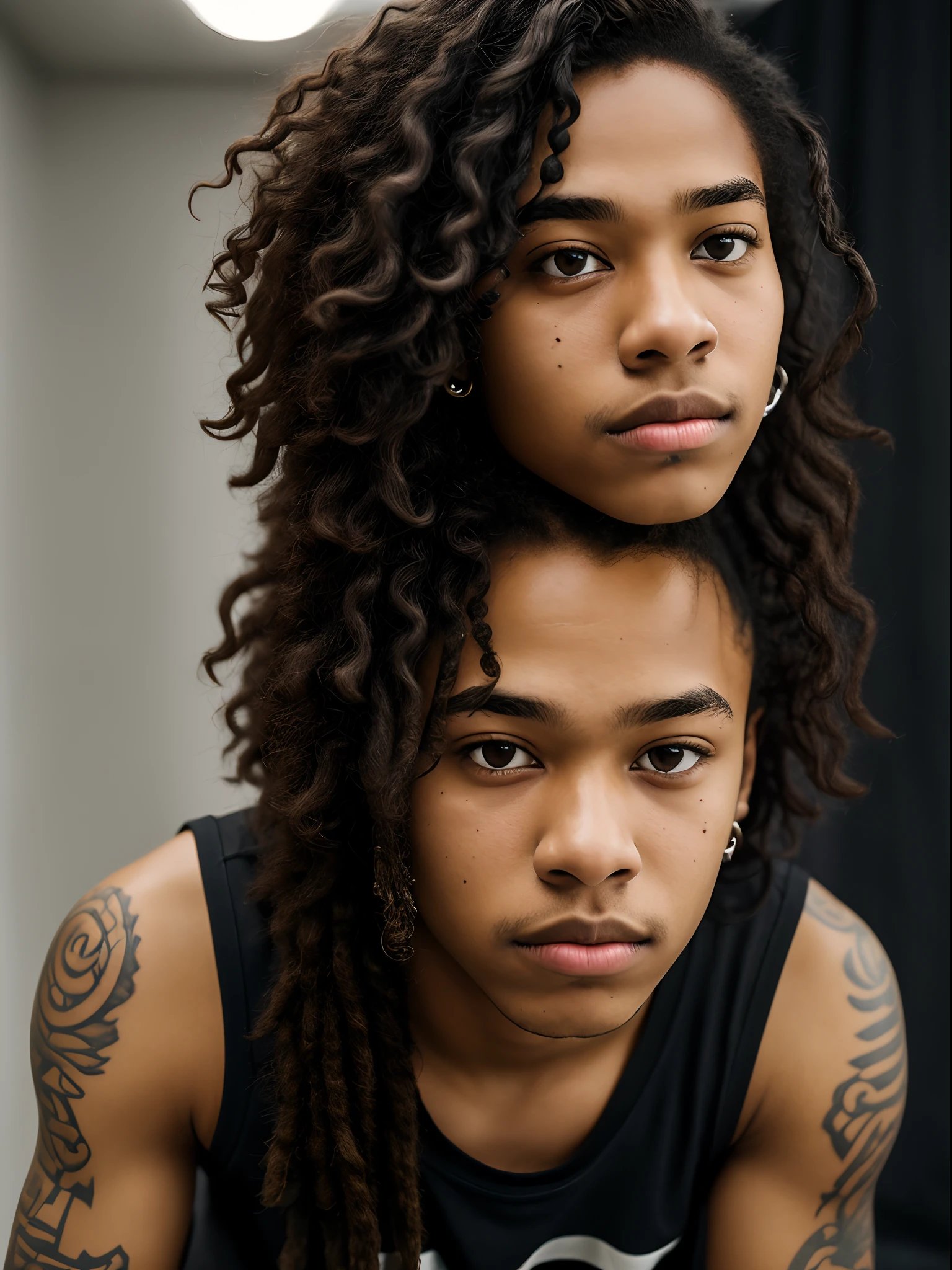an african american teen named zero who has blonde dreadlocks and piercings on his eyebrow and nose. and his face is His eyes a deep blood red. and he appears to have a couple singular black, eyeball shaped brandings that looked like tattoos a bit. one on his neck, 4 on both arms, and others that were covered by his clothing. he wore a white tank top and black jeans along with black converse.