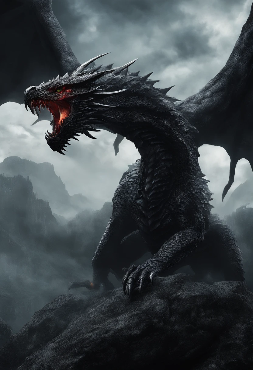 best quality,ultra-detailed,detailed,large dragon:1.2,scaly reptile body:1.1,sharp teeth,long tail,elegant wings,fiery breath,bright red eyes:fierce,silver scales,gorgeous skin:shimmering in the sunlight,majestic creature:flying in the sky,mythical beast,incredible strength,ferocious appearance,black claws:sharpened and deadly,large and powerful wings:spanning the horizon.